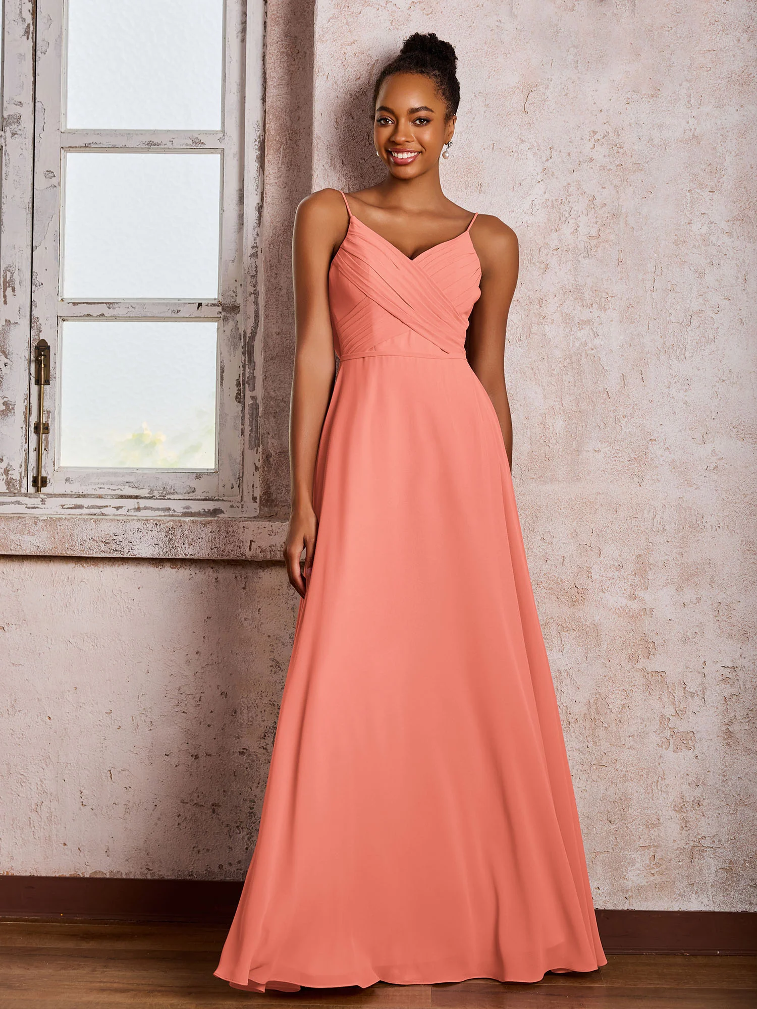 Spaghetti Straps V-neck Pleated A-line Chiffon Dresses Sunset
