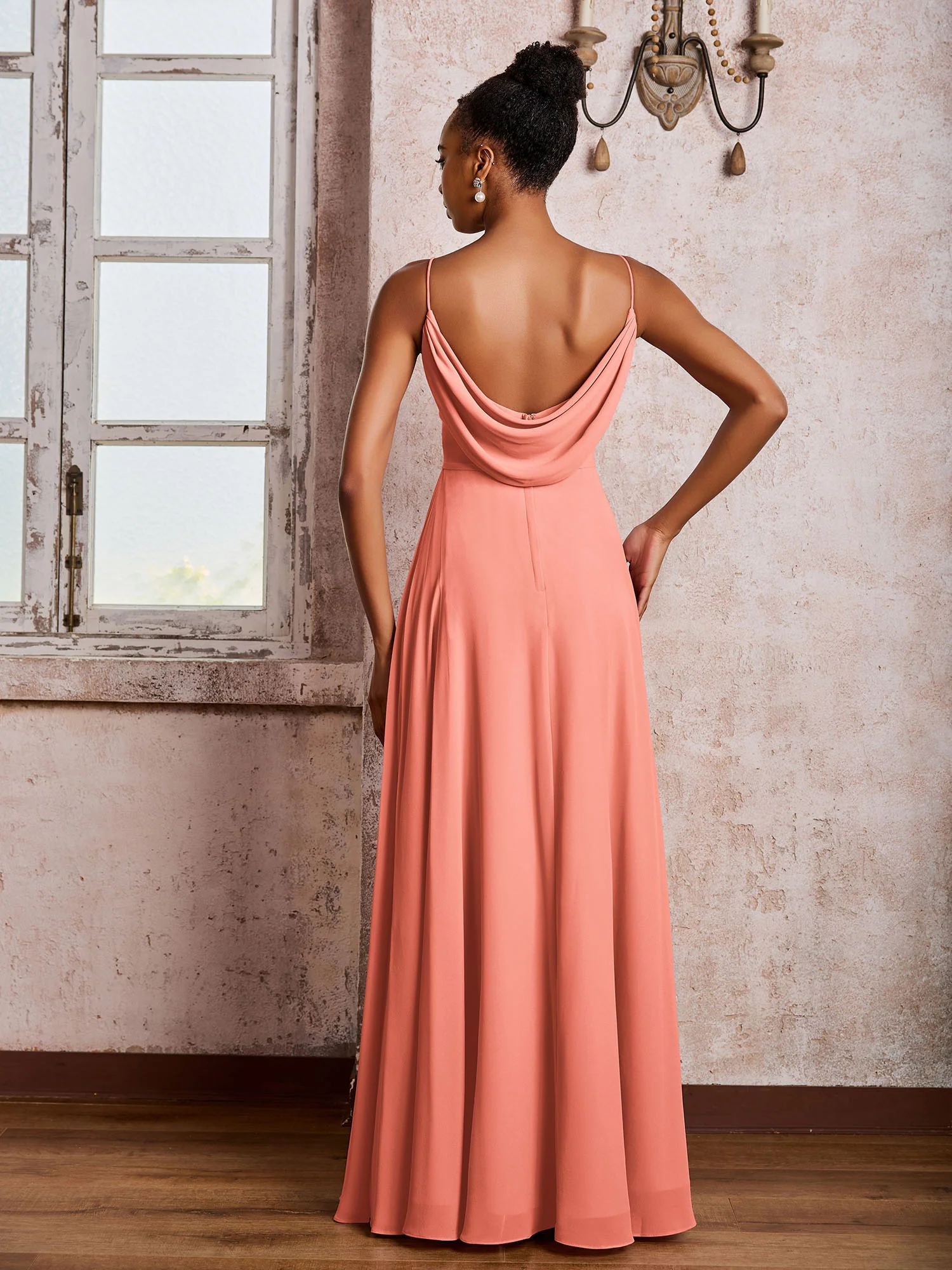 Spaghetti Straps V-neck Pleated A-line Chiffon Dresses Sunset - Image 2