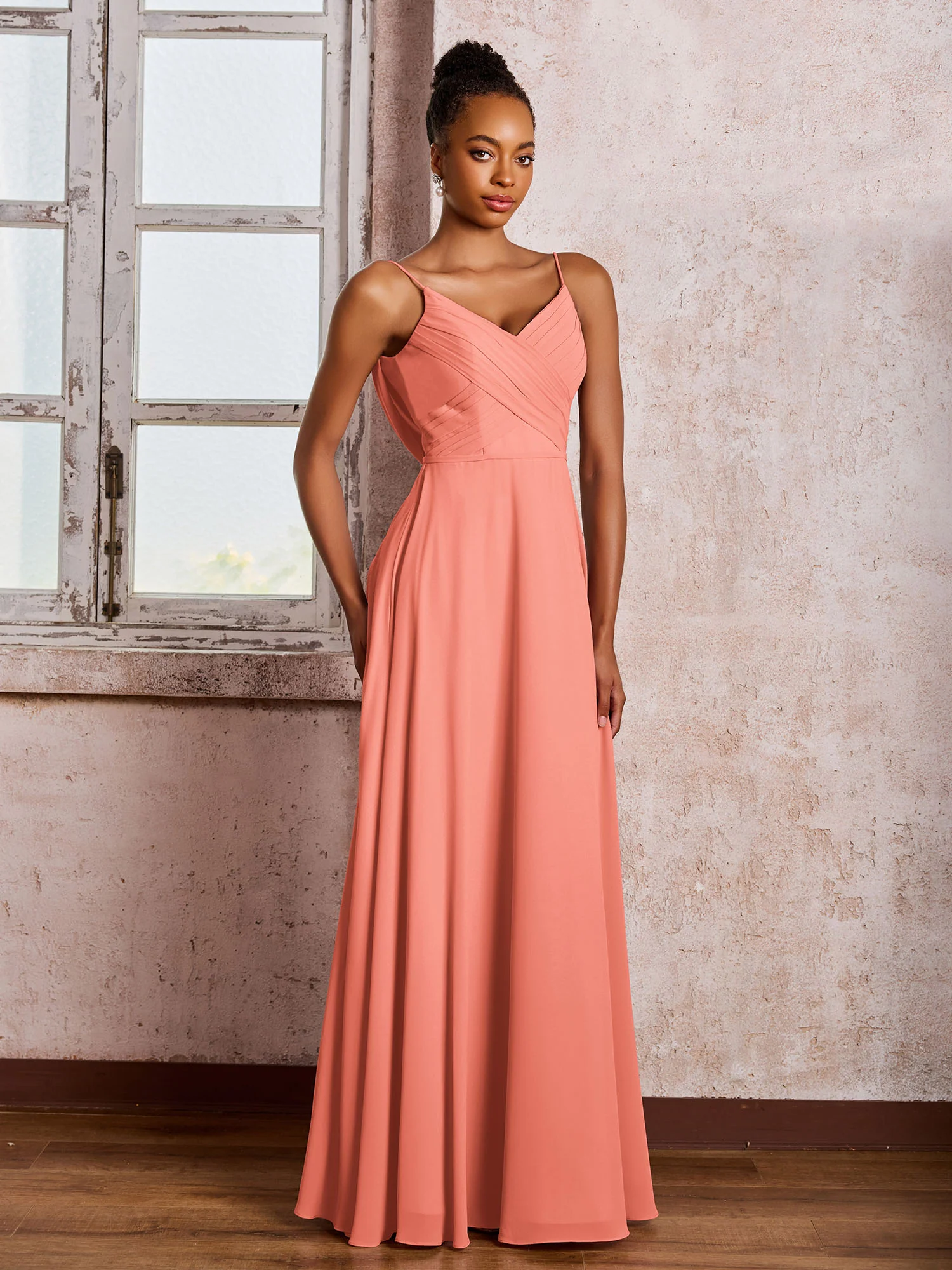 Spaghetti Straps V-neck Pleated A-line Chiffon Dresses Sunset - Image 3
