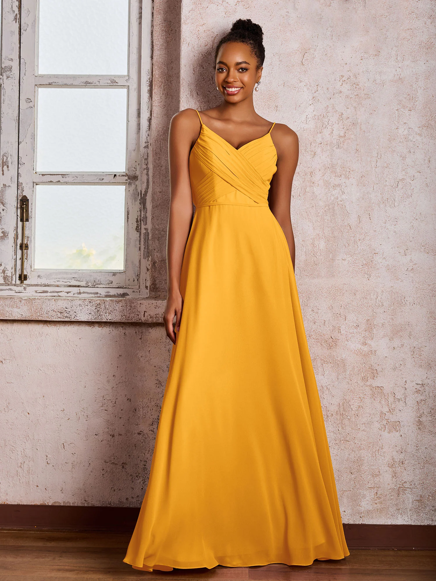 Spaghetti Straps V-neck Pleated A-line Chiffon Dresses Tangerine