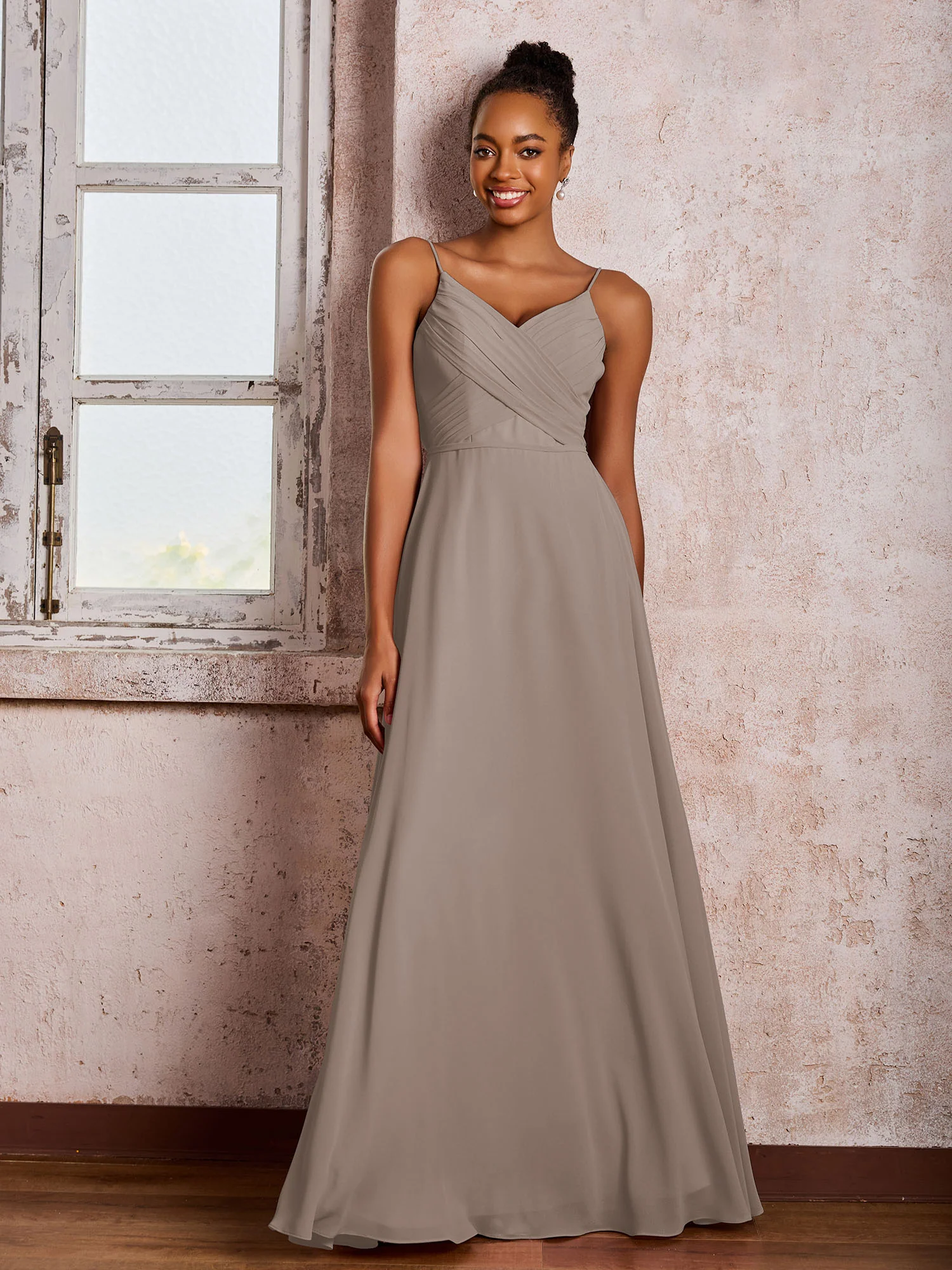 Spaghetti Straps V-neck Pleated A-line Chiffon Dresses Taupe