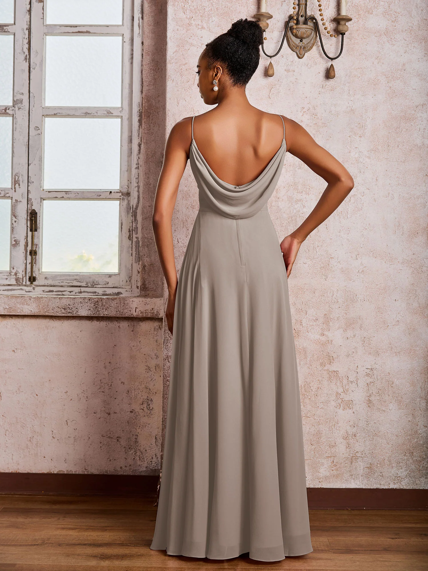 Spaghetti Straps V-neck Pleated A-line Chiffon Dresses Taupe - Image 2