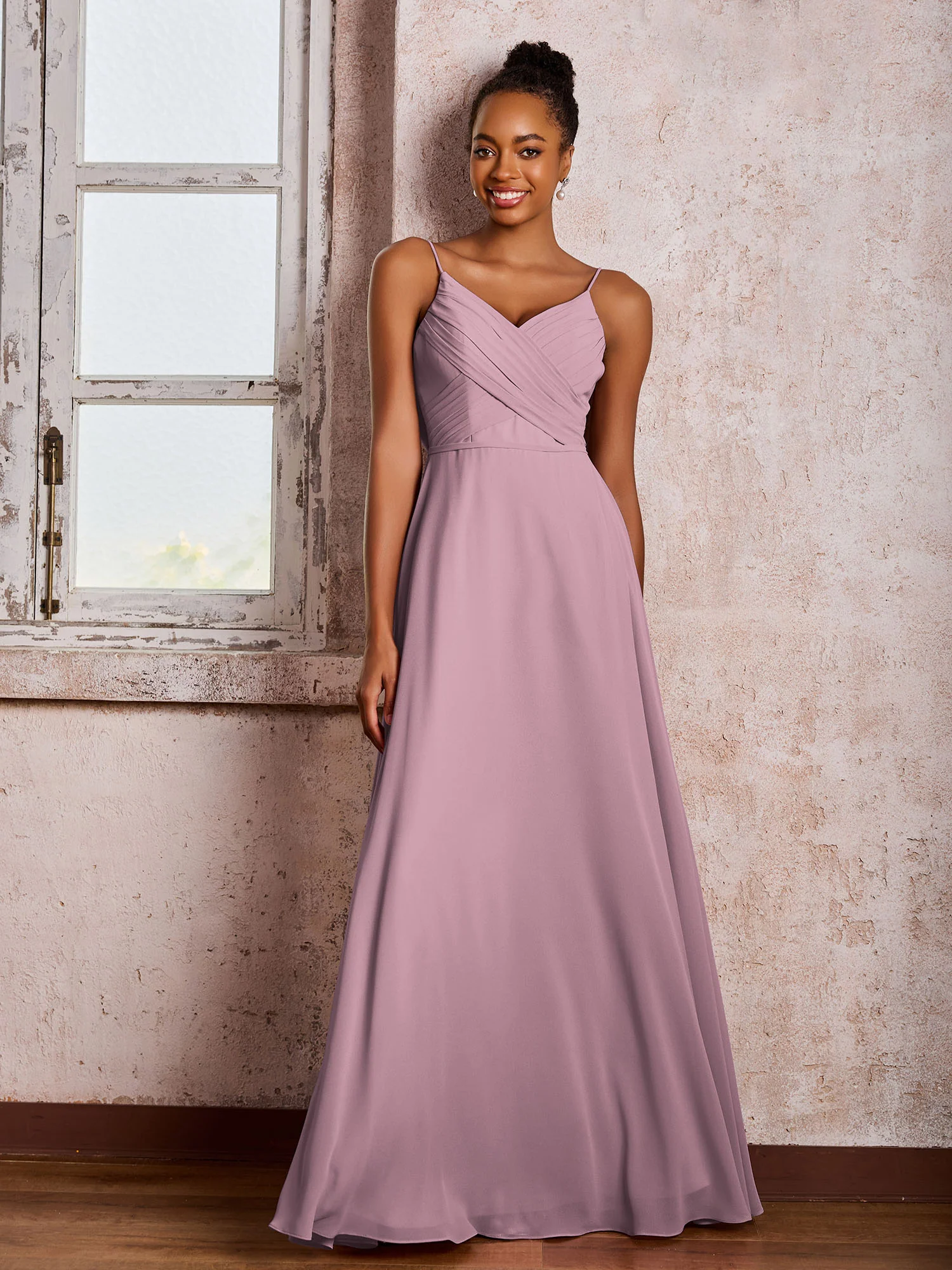 Spaghetti Straps V-neck Pleated A-line Chiffon Dresses Vintage Mauve