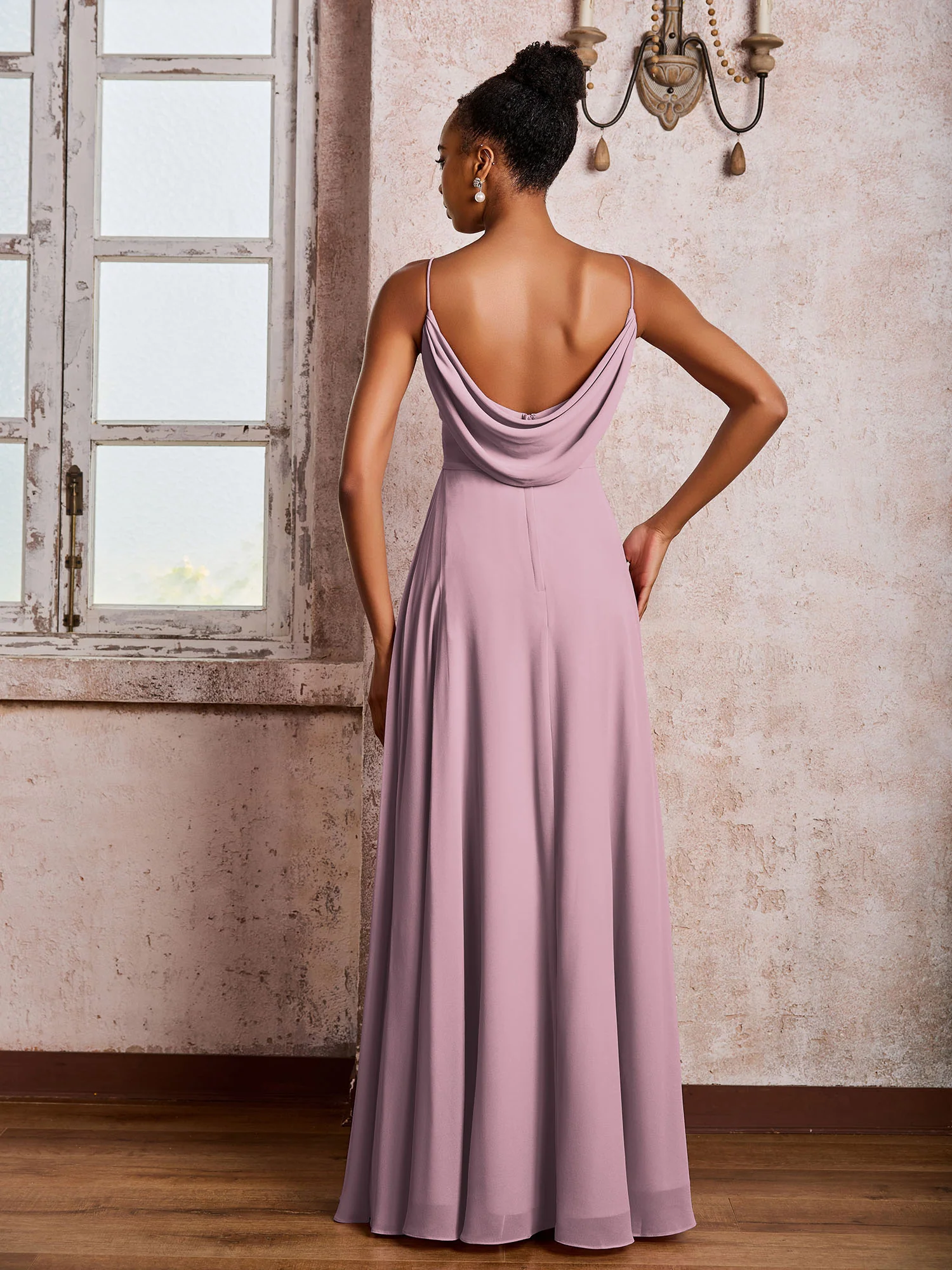 Spaghetti Straps V-neck Pleated A-line Chiffon Dresses Vintage Mauve - Image 2