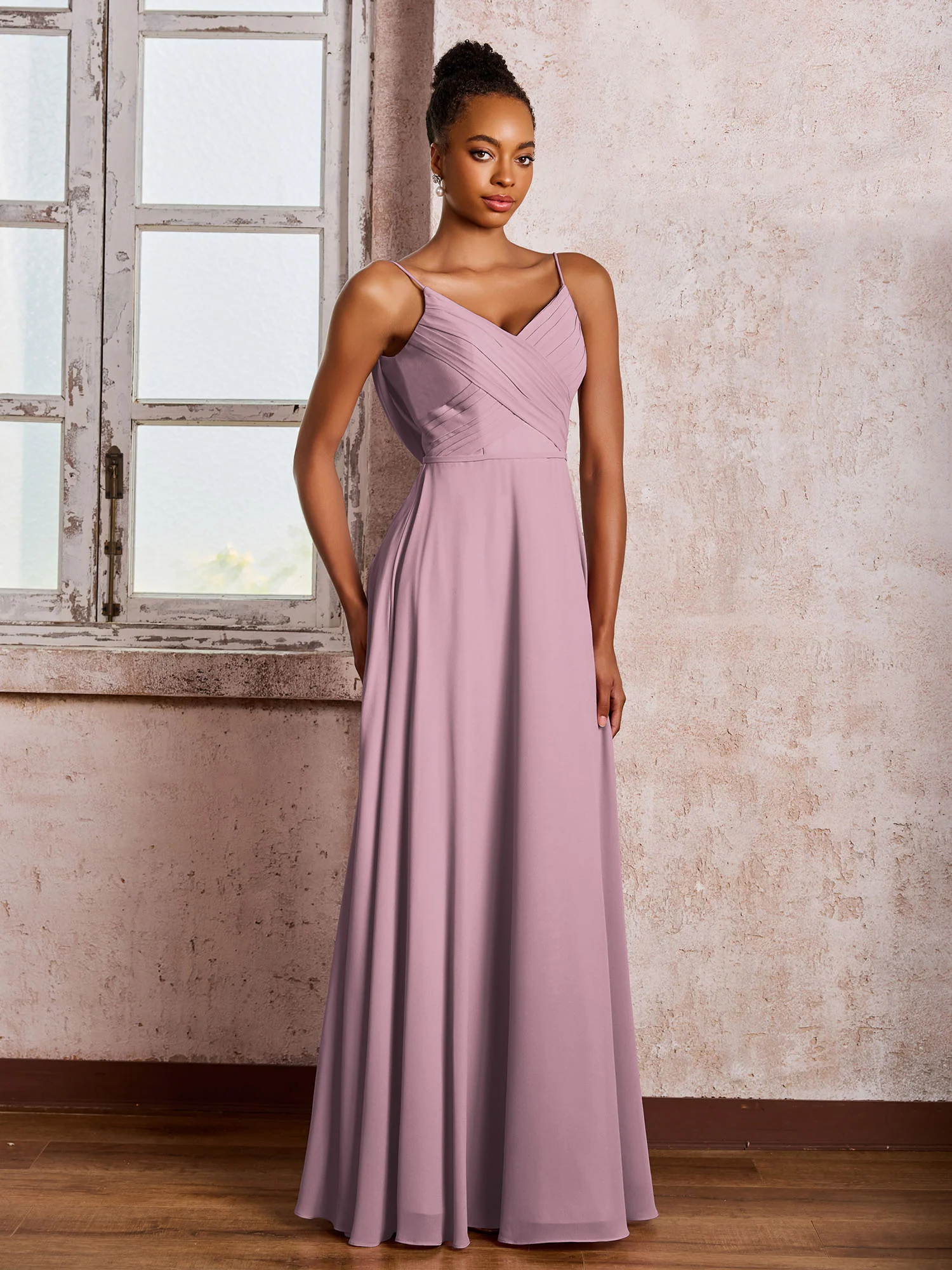 Spaghetti Straps V-neck Pleated A-line Chiffon Dresses Vintage Mauve - Image 3