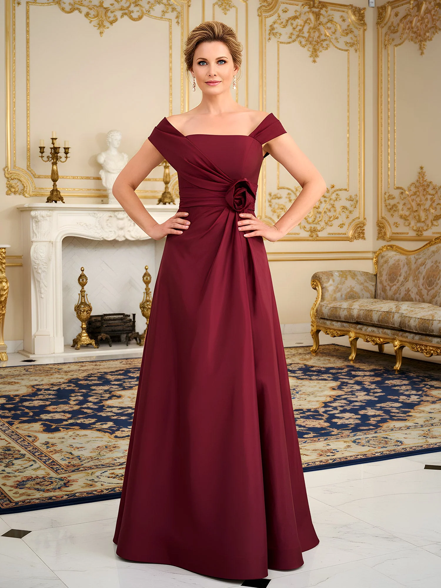Square Neck A-Line Sweep Train Dress With Flower Pool
