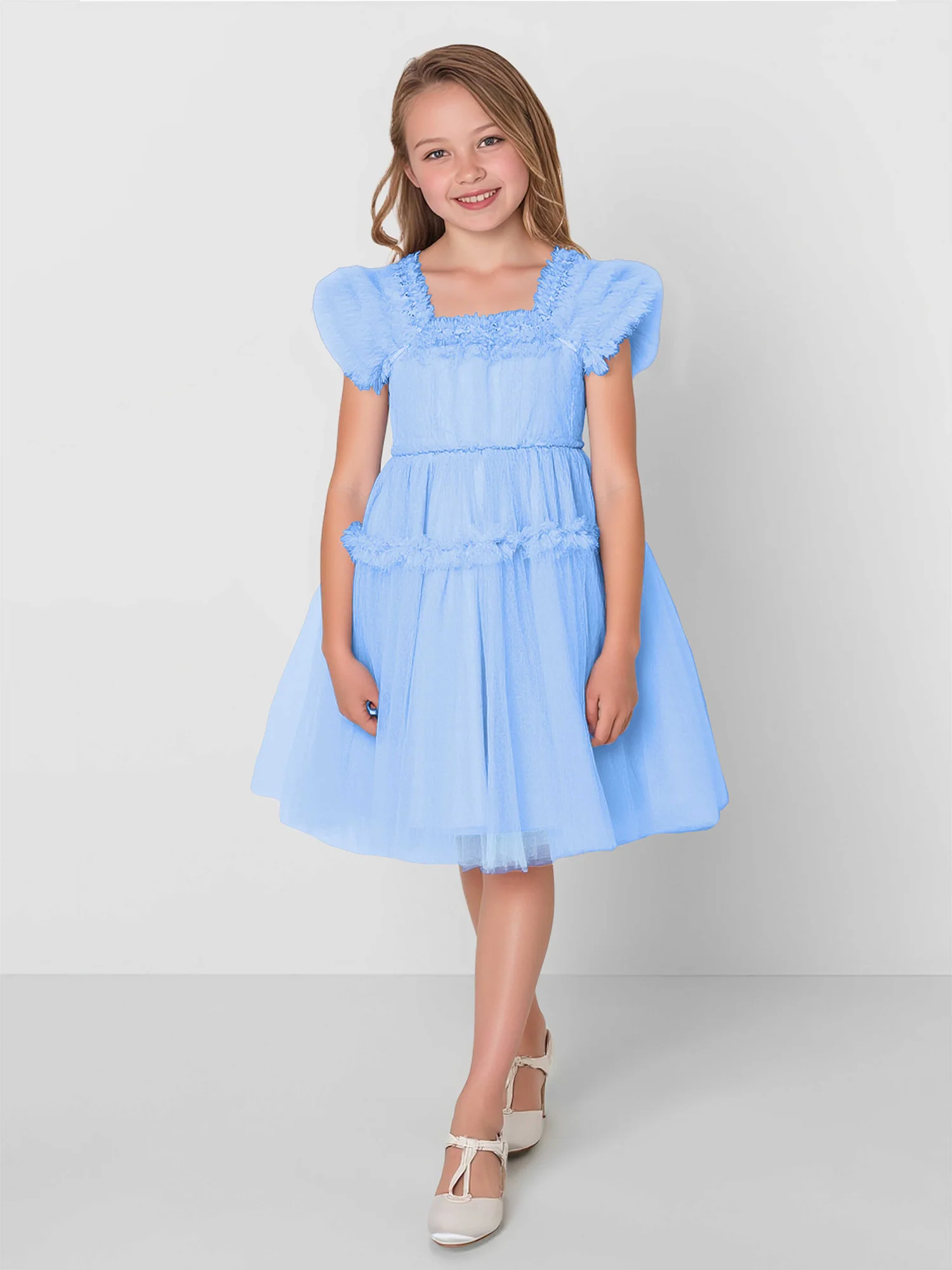 Square Neck A-Line Tulle Knee-Length Flower Girl Dress Blue