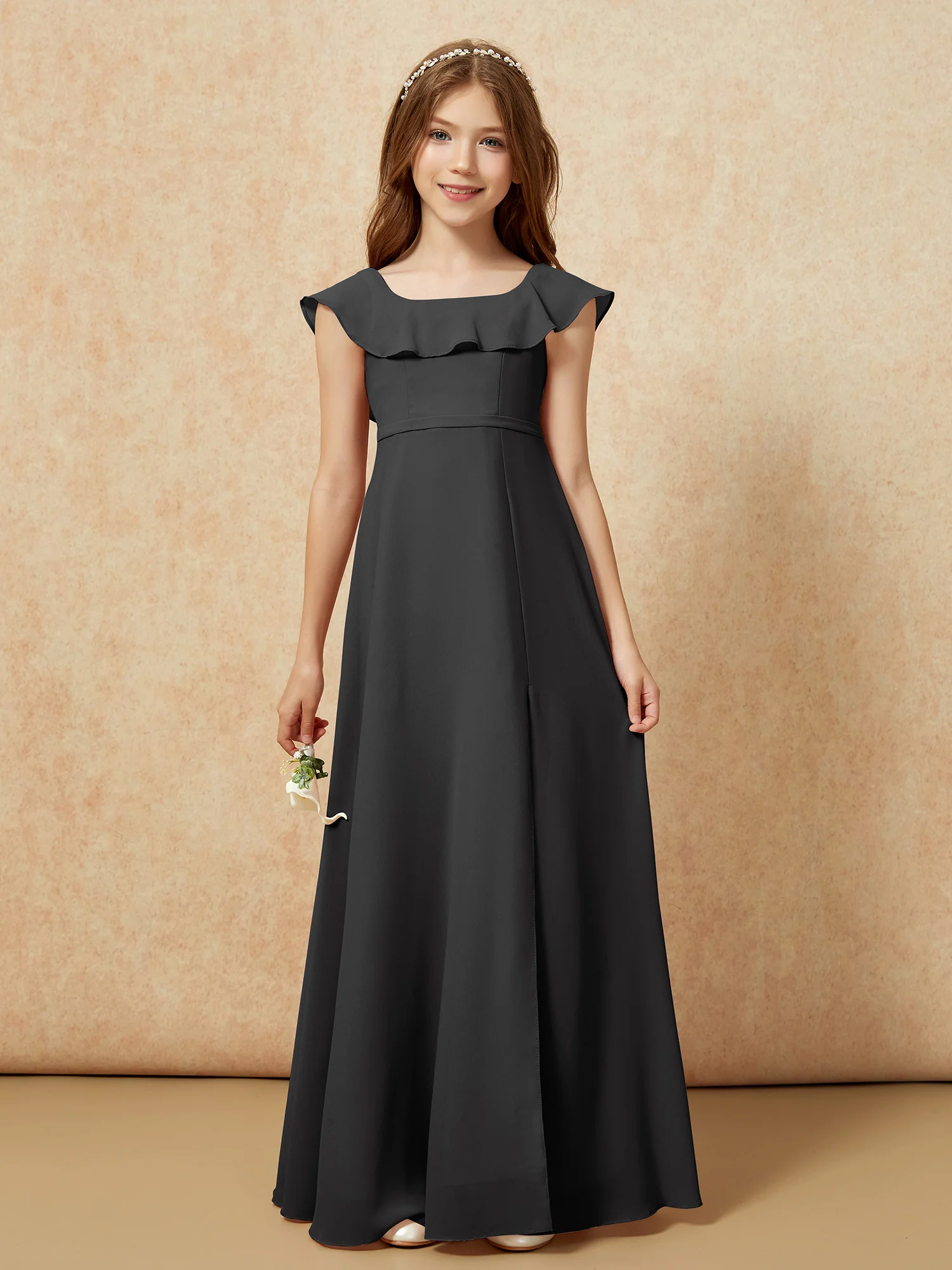 Square Neck Chiffon Junior Bridesmaid Dress With Slit Black - Image 4