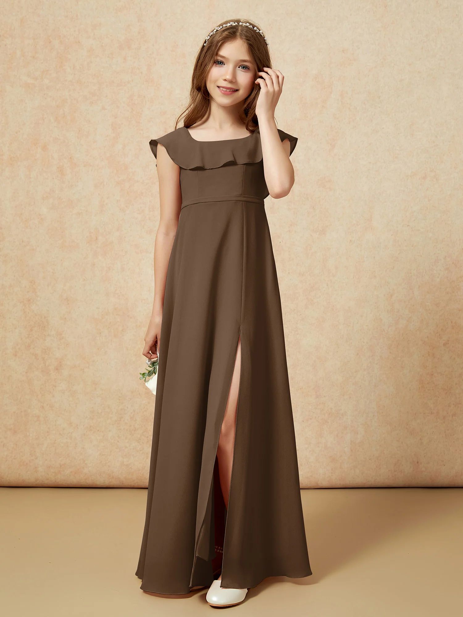 Square Neck Chiffon Junior Bridesmaid Dress With Slit Brown