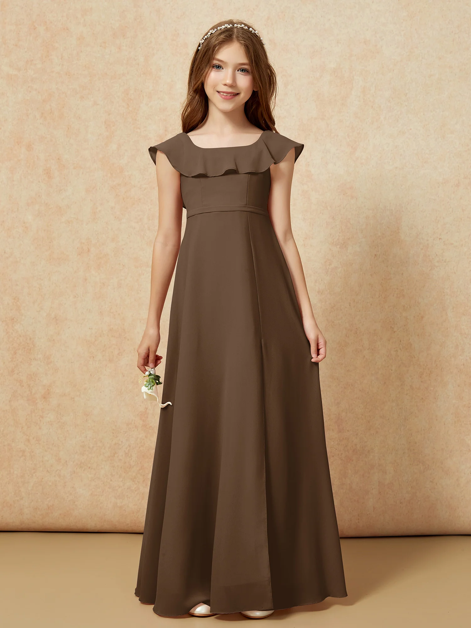 Square Neck Chiffon Junior Bridesmaid Dress With Slit Brown - Image 4