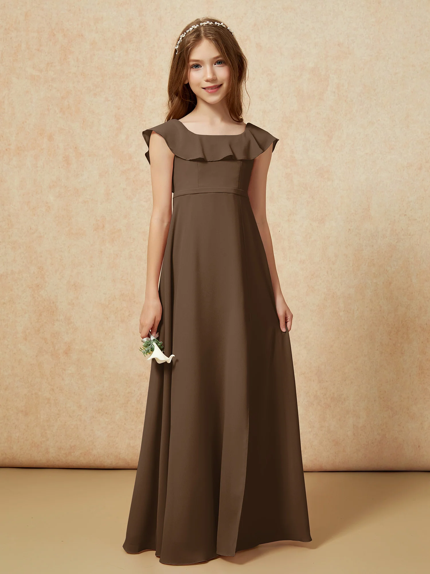Square Neck Chiffon Junior Bridesmaid Dress With Slit Brown - Image 5