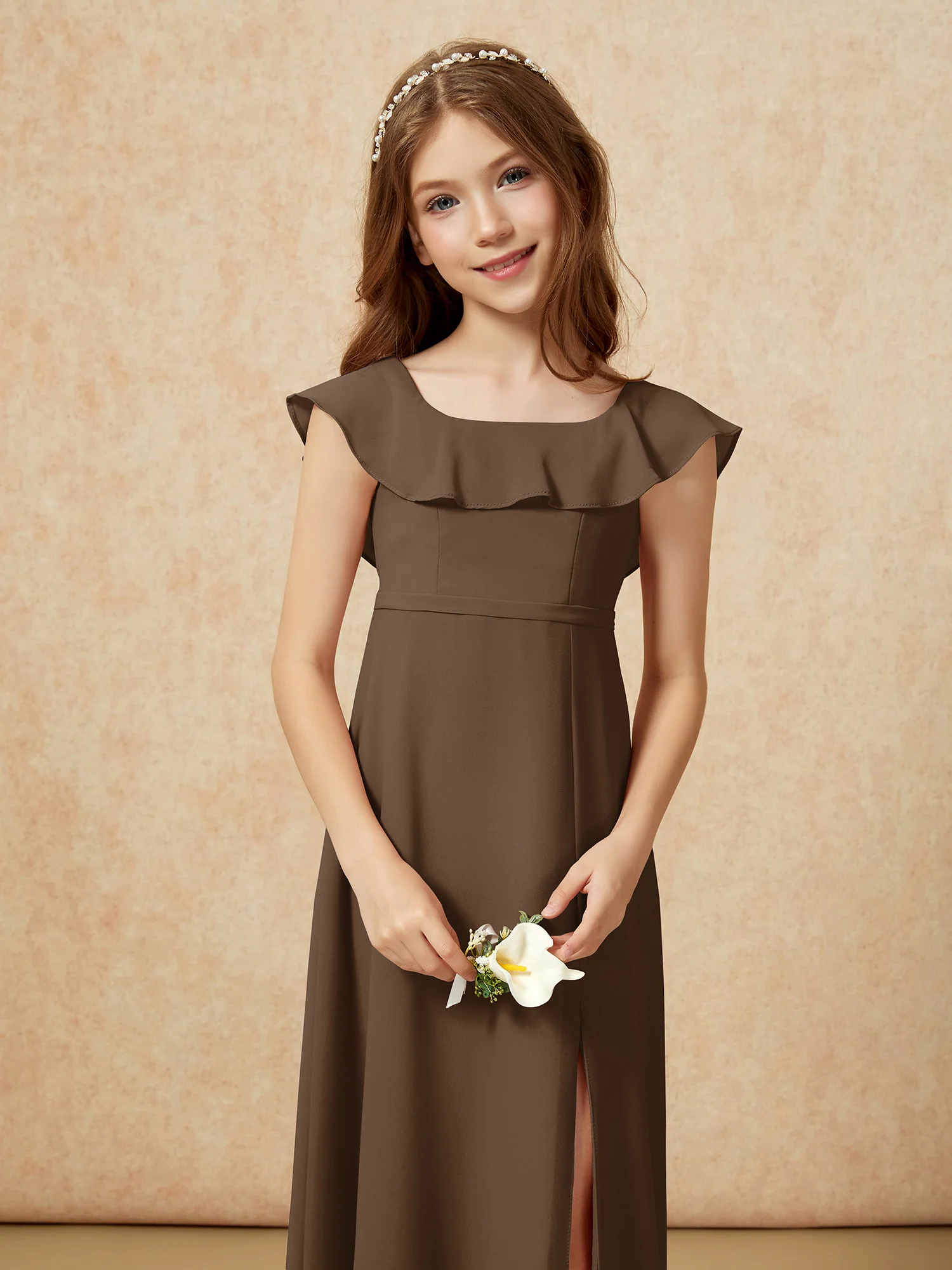 Square Neck Chiffon Junior Bridesmaid Dress With Slit Brown - Image 6