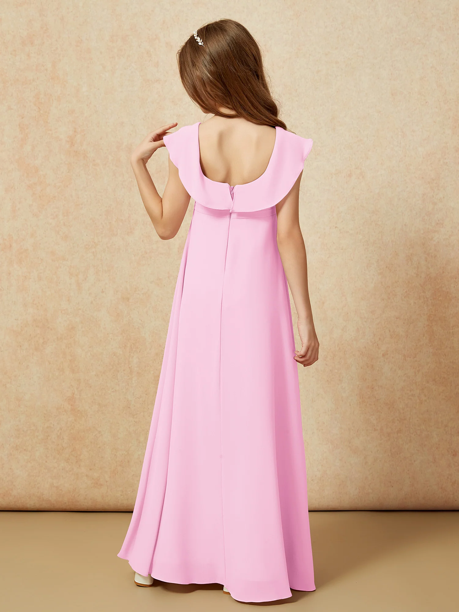 Square Neck Chiffon Junior Bridesmaid Dress With Slit Candy Pink - Image 2