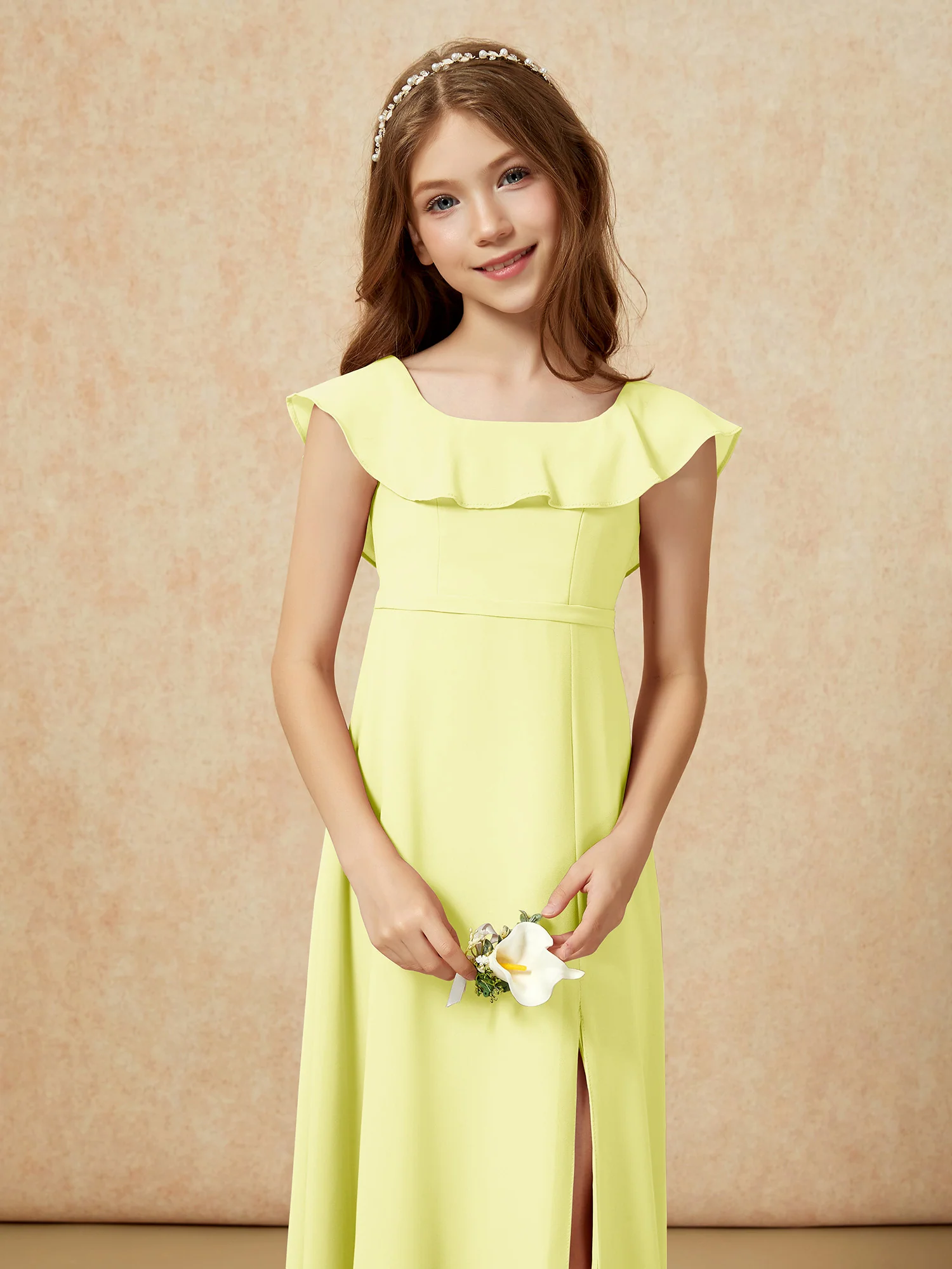 Square Neck Chiffon Junior Bridesmaid Dress With Slit Daffodil - Image 6