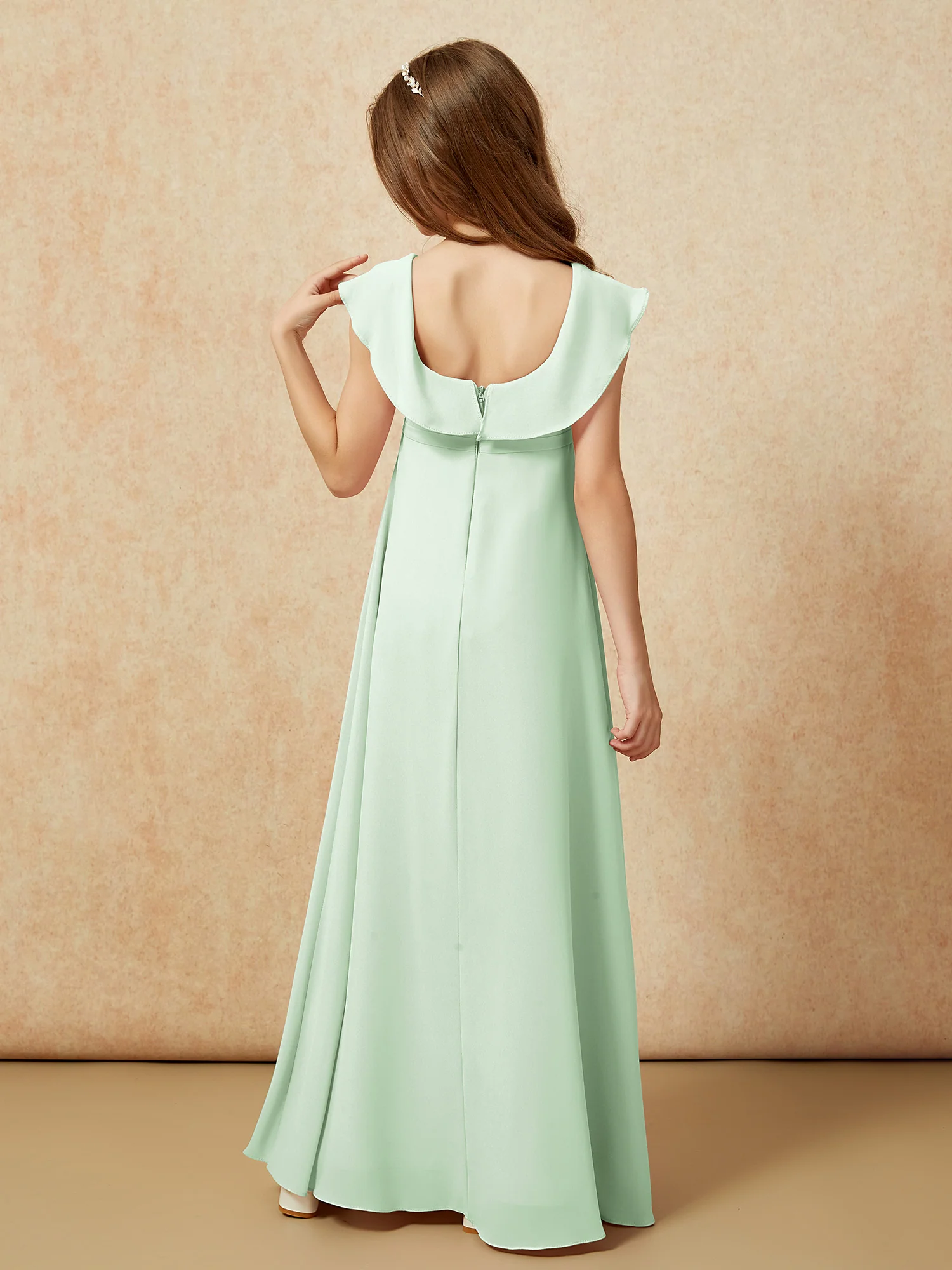 Square Neck Chiffon Junior Bridesmaid Dress With Slit Dusty Sage - Image 2