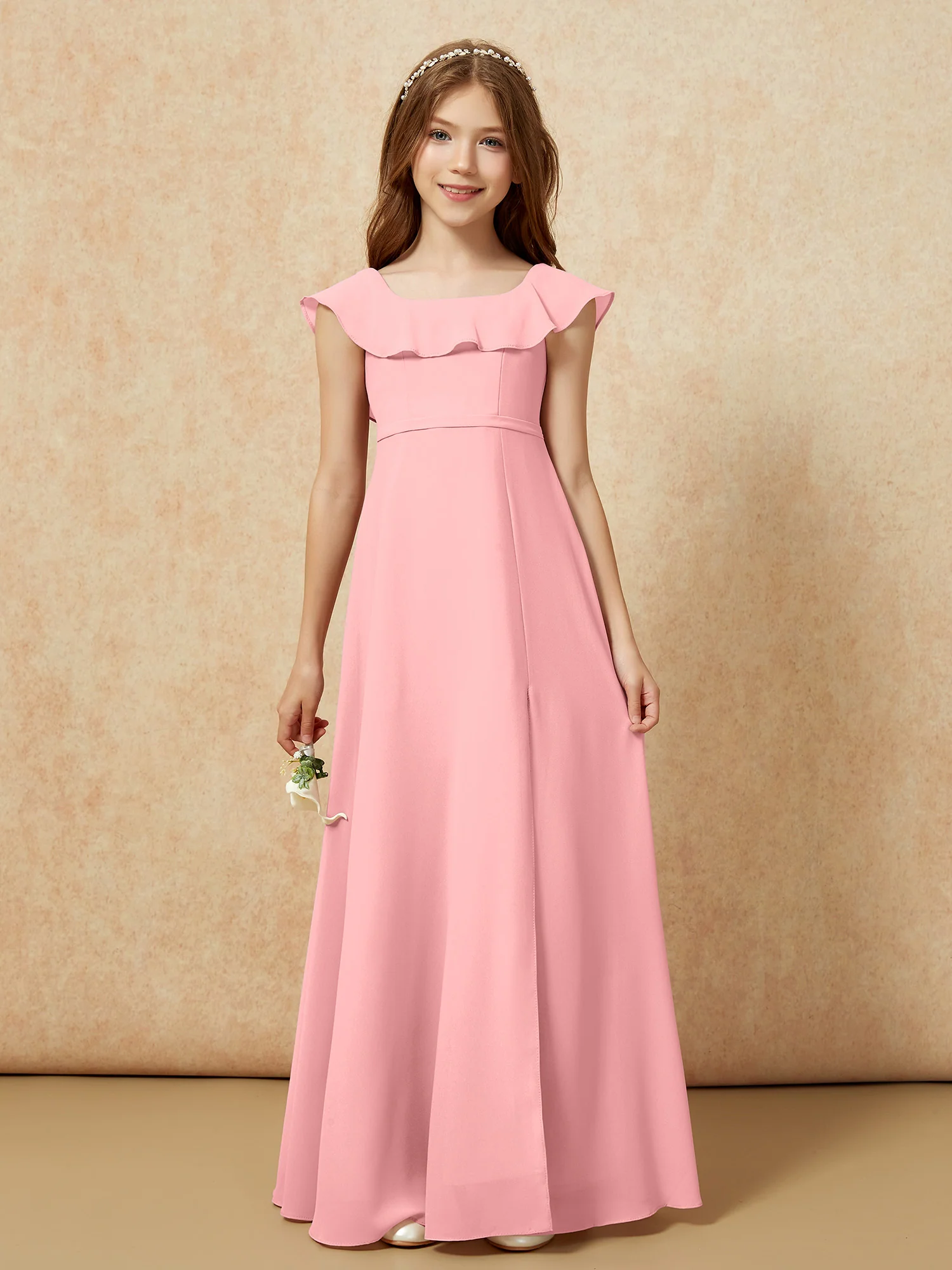Square Neck Chiffon Junior Bridesmaid Dress With Slit Flamingo - Image 4