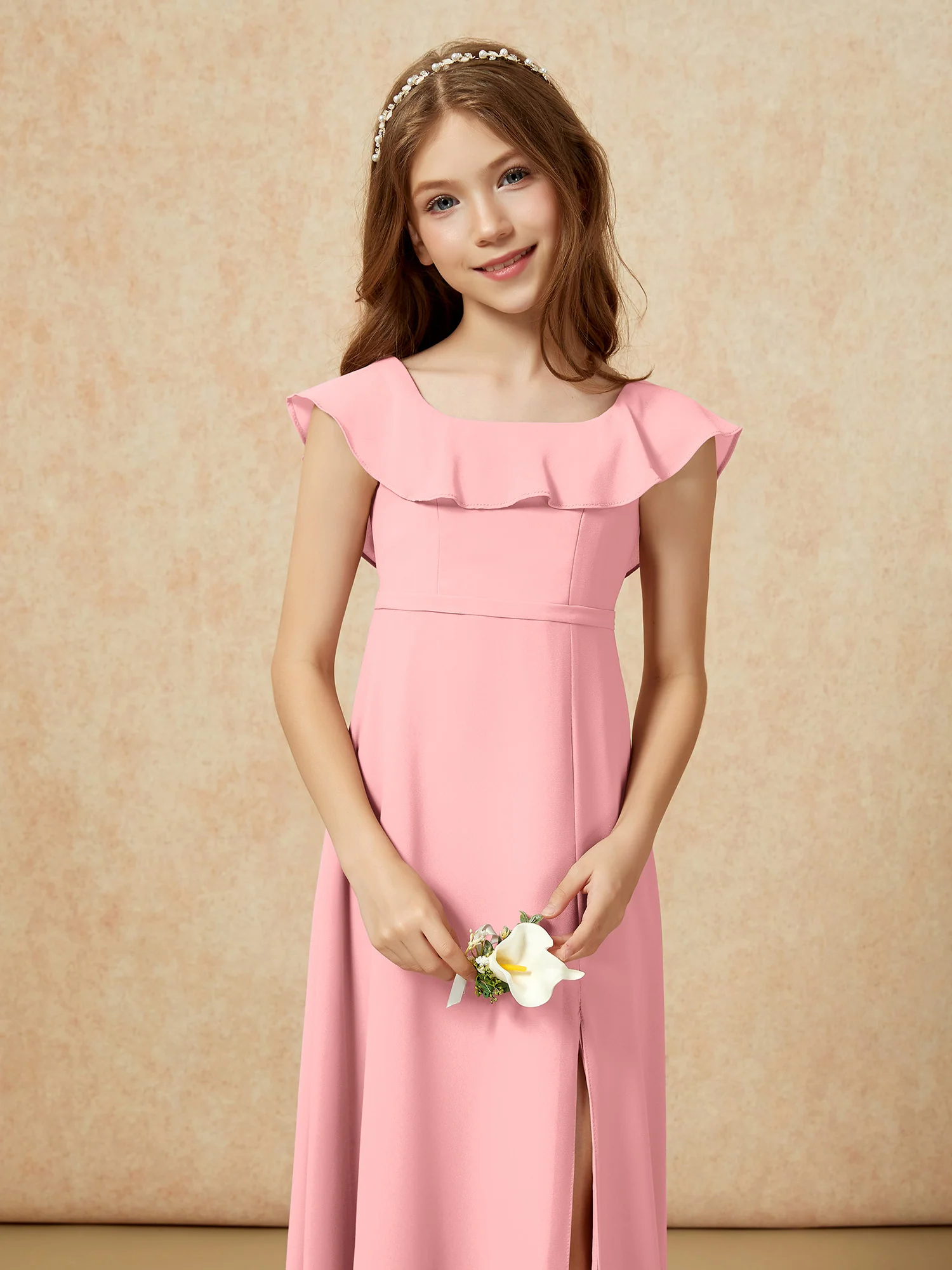 Square Neck Chiffon Junior Bridesmaid Dress With Slit Flamingo - Image 6