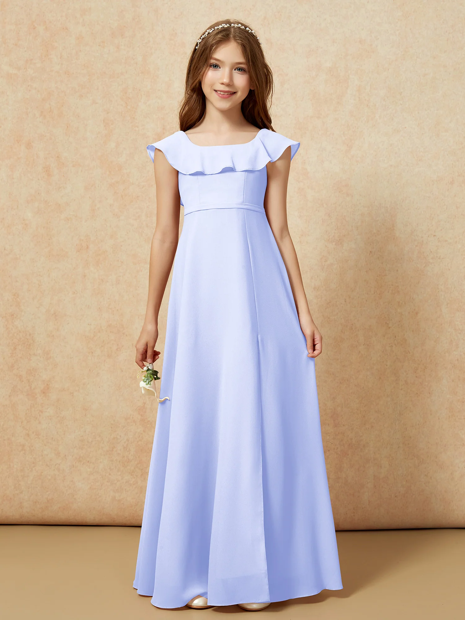 Square Neck Chiffon Junior Bridesmaid Dress With Slit Lavender - Image 4
