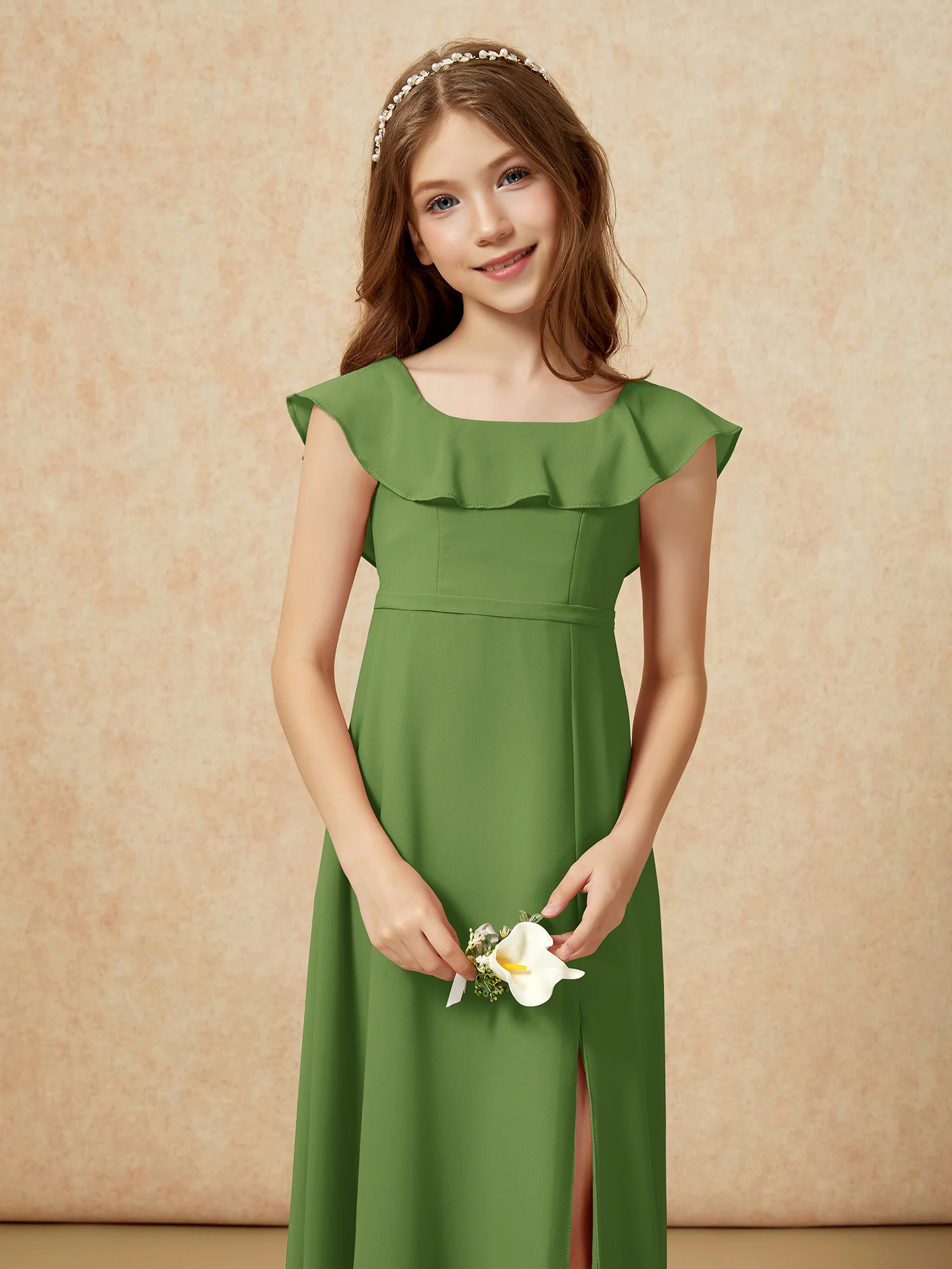 Square Neck Chiffon Junior Bridesmaid Dress With Slit Moss - Image 6