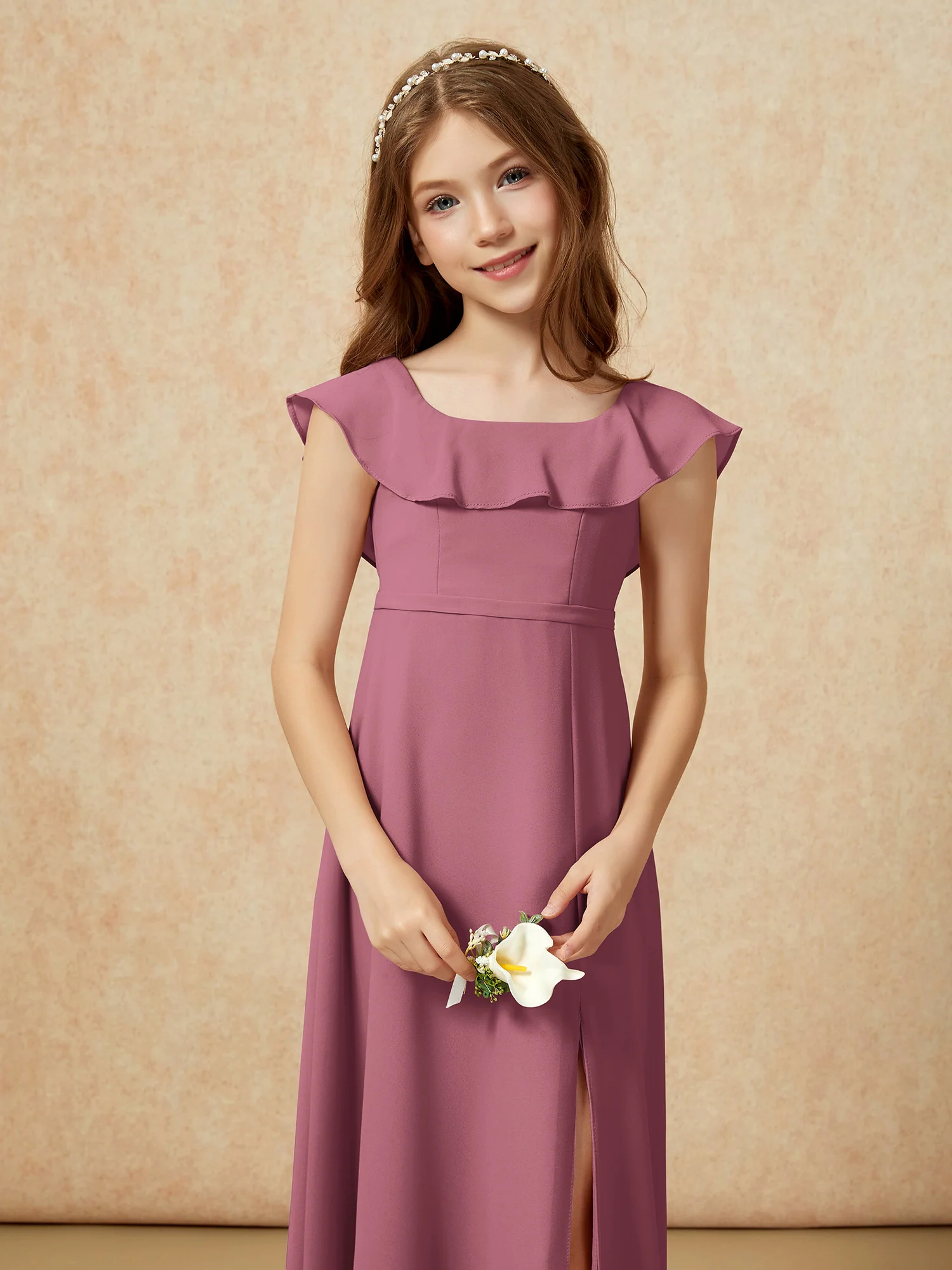 Square Neck Chiffon Junior Bridesmaid Dress With Slit Mulberry - Image 6