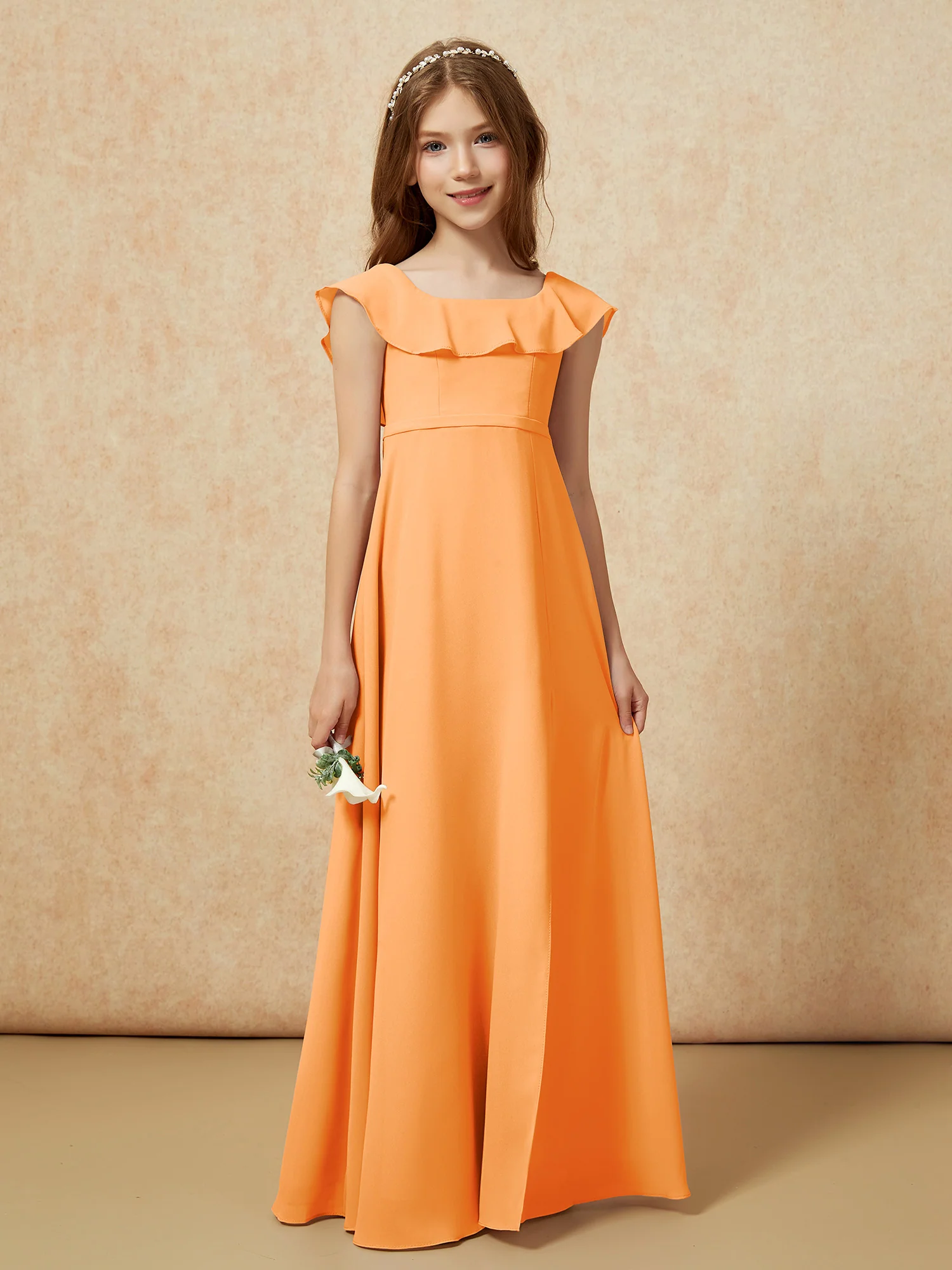 Square Neck Chiffon Junior Bridesmaid Dress With Slit Orange - Image 5