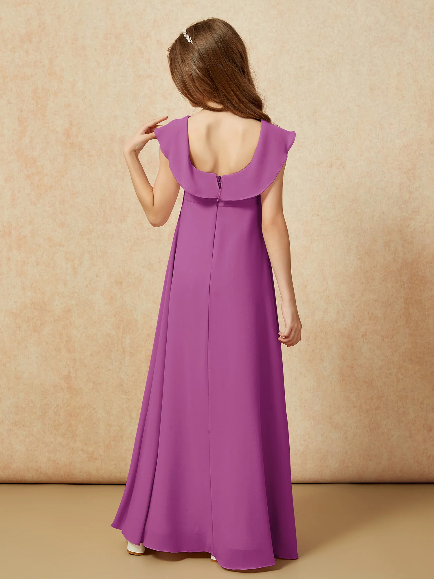 Square Neck Chiffon Junior Bridesmaid Dress With Slit Orchid - Image 2