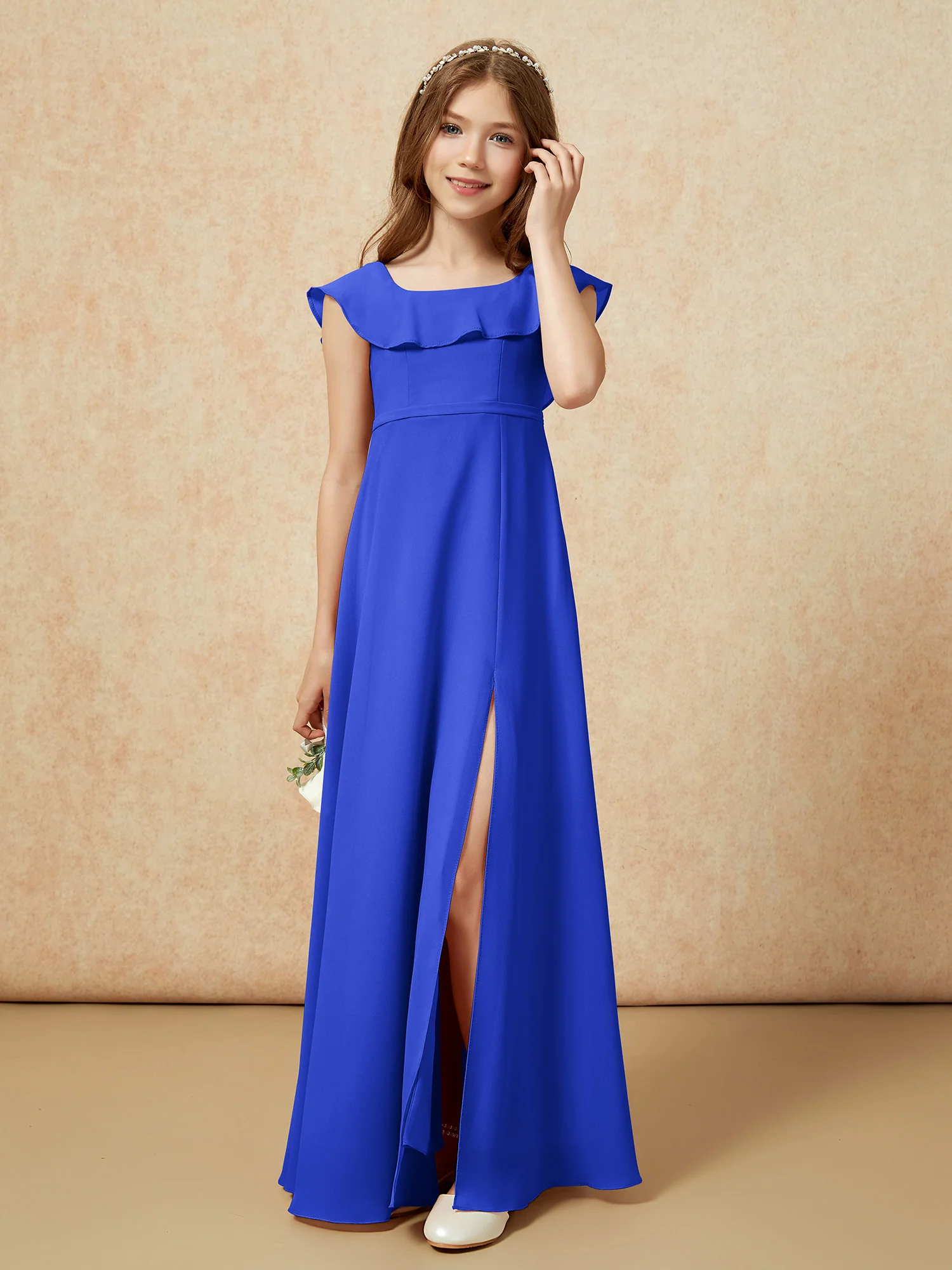 Square Neck Chiffon Junior Bridesmaid Dress With Slit Royal Blue