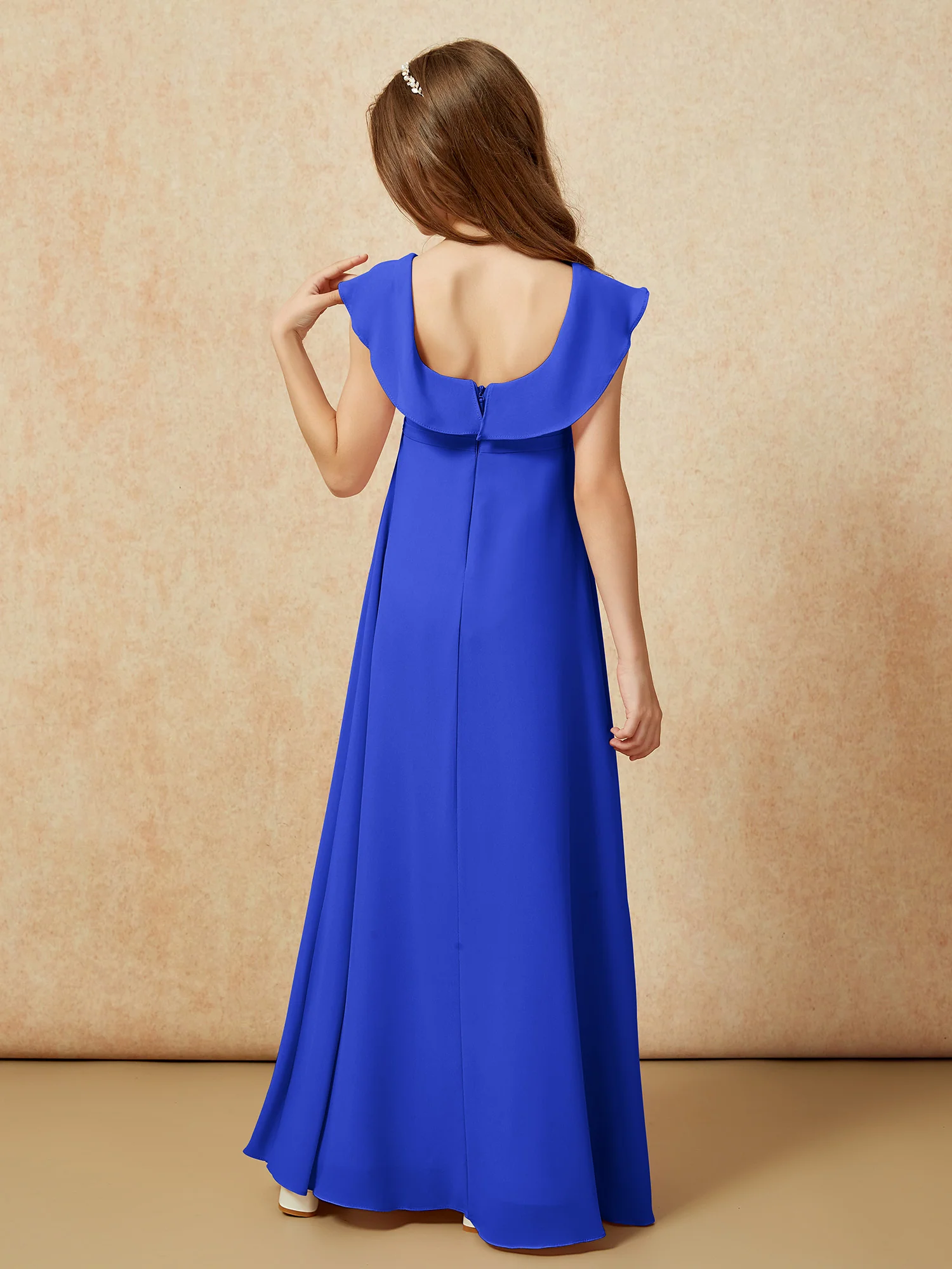 Square Neck Chiffon Junior Bridesmaid Dress With Slit Royal Blue - Image 2