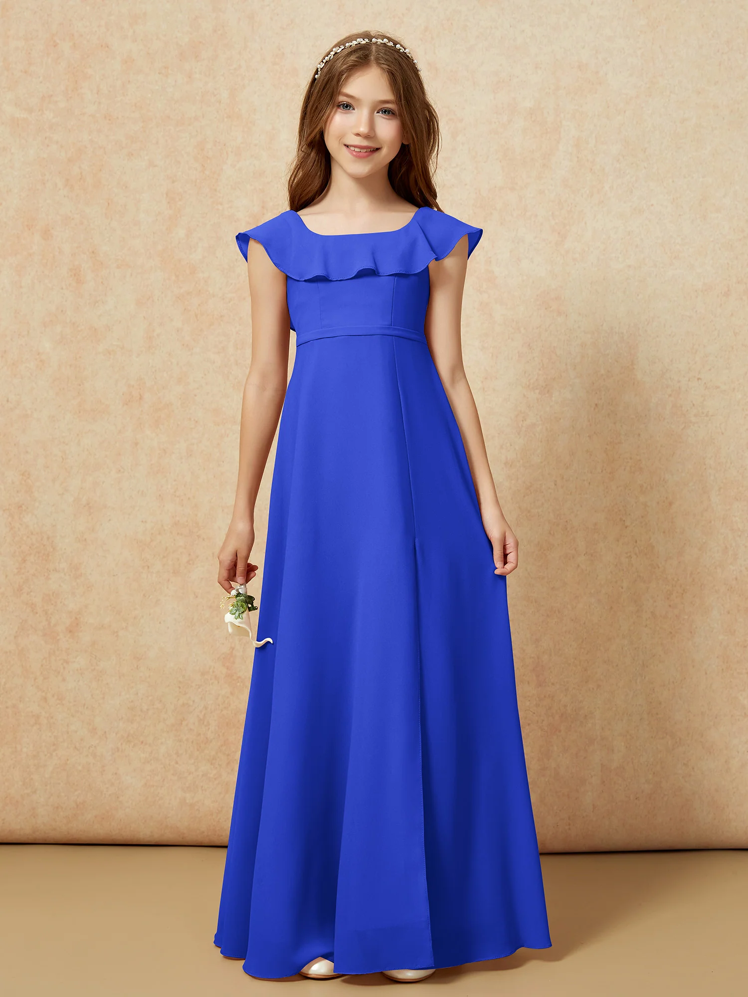 Square Neck Chiffon Junior Bridesmaid Dress With Slit Royal Blue - Image 4