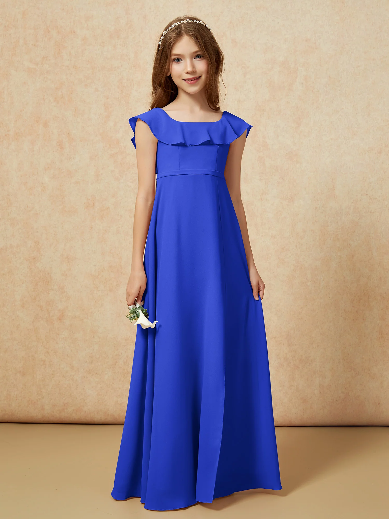 Square Neck Chiffon Junior Bridesmaid Dress With Slit Royal Blue - Image 5