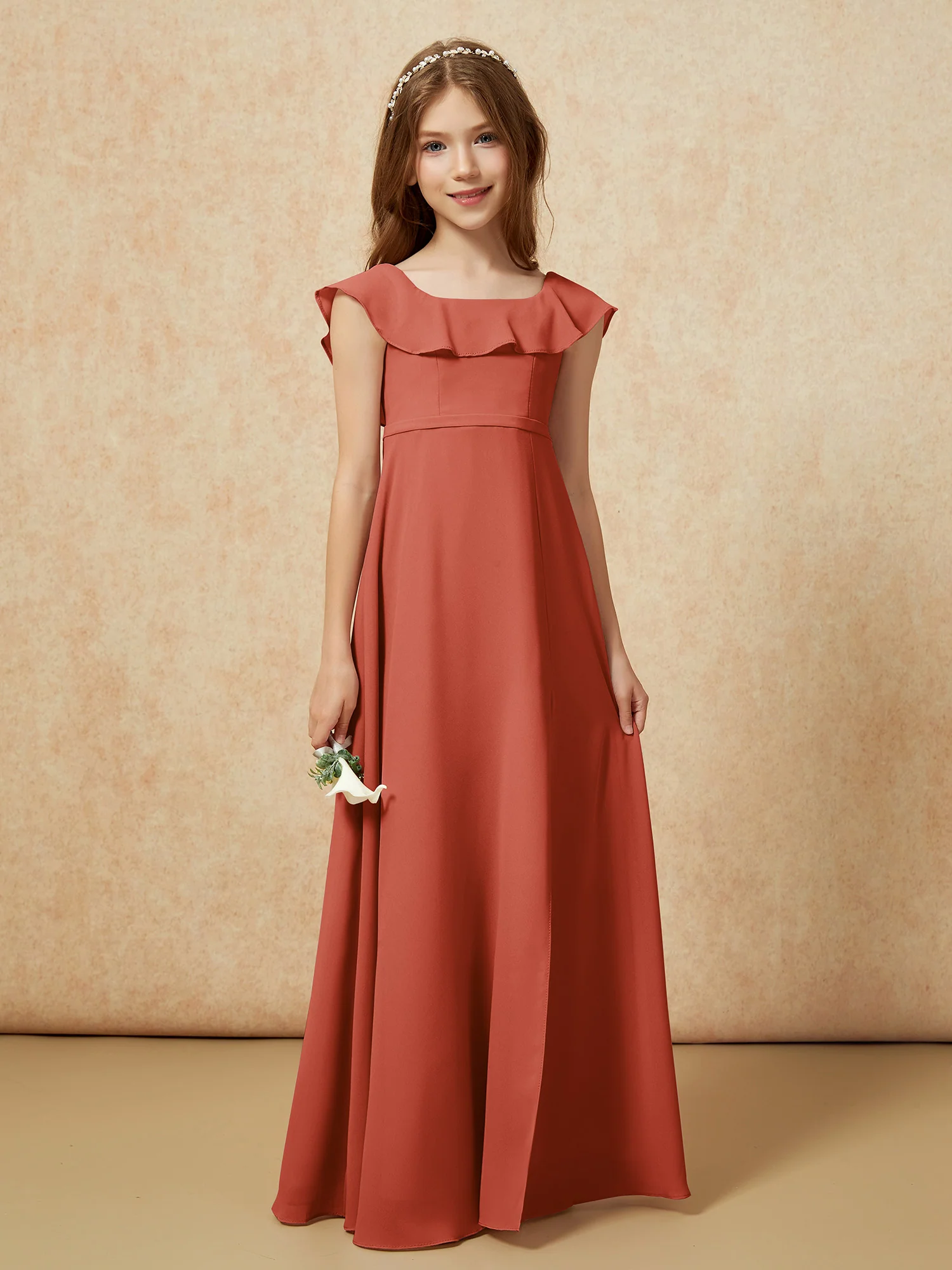 Square Neck Chiffon Junior Bridesmaid Dress With Slit Rust - Image 5