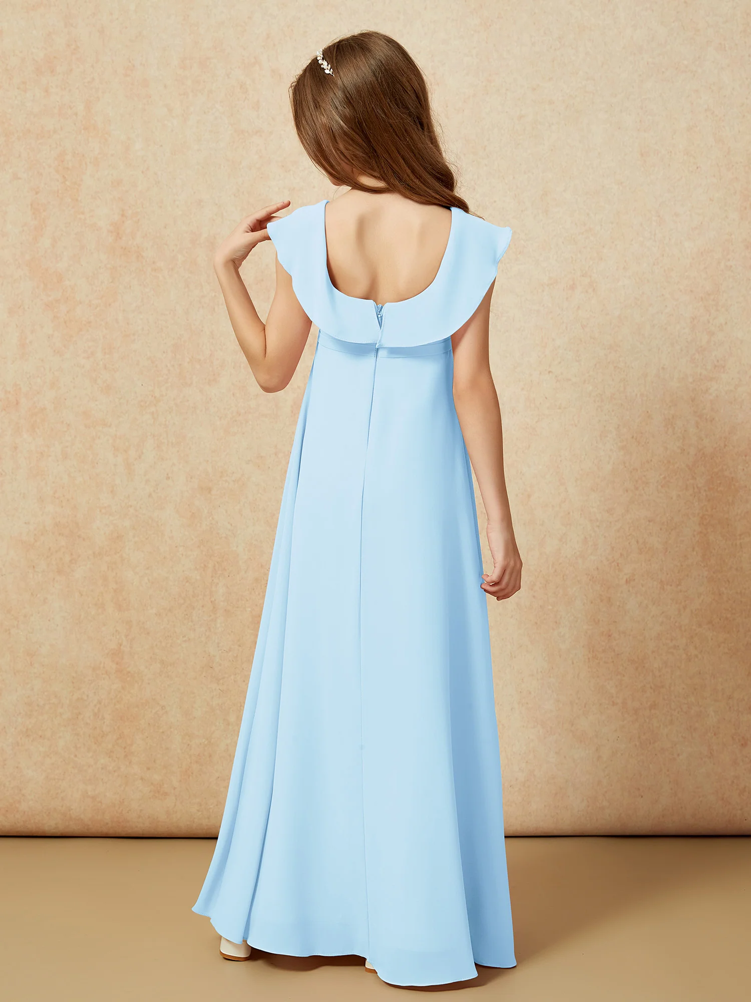 Square Neck Chiffon Junior Bridesmaid Dress With Slit Sky Blue - Image 2