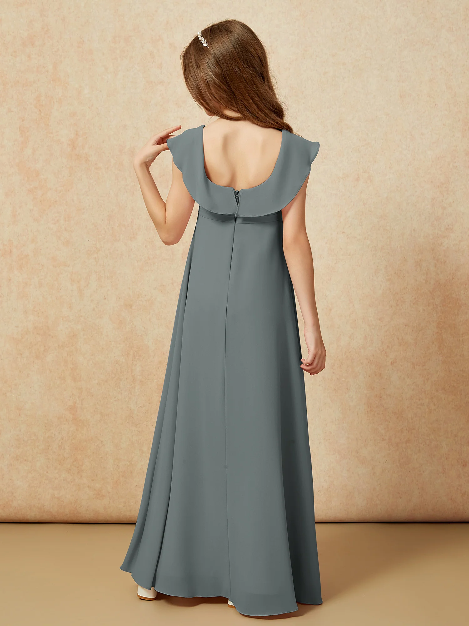 Square Neck Chiffon Junior Bridesmaid Dress With Slit Steel Grey - Image 2