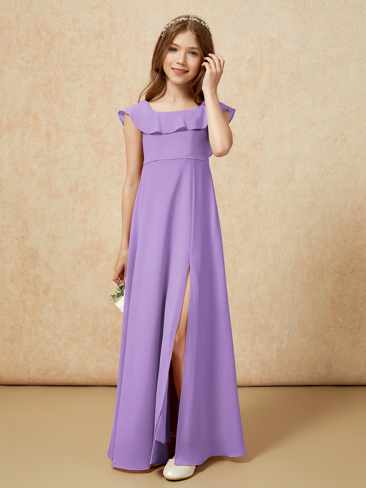 Square Neck Chiffon Junior Bridesmaid Dress With Slit Tahiti