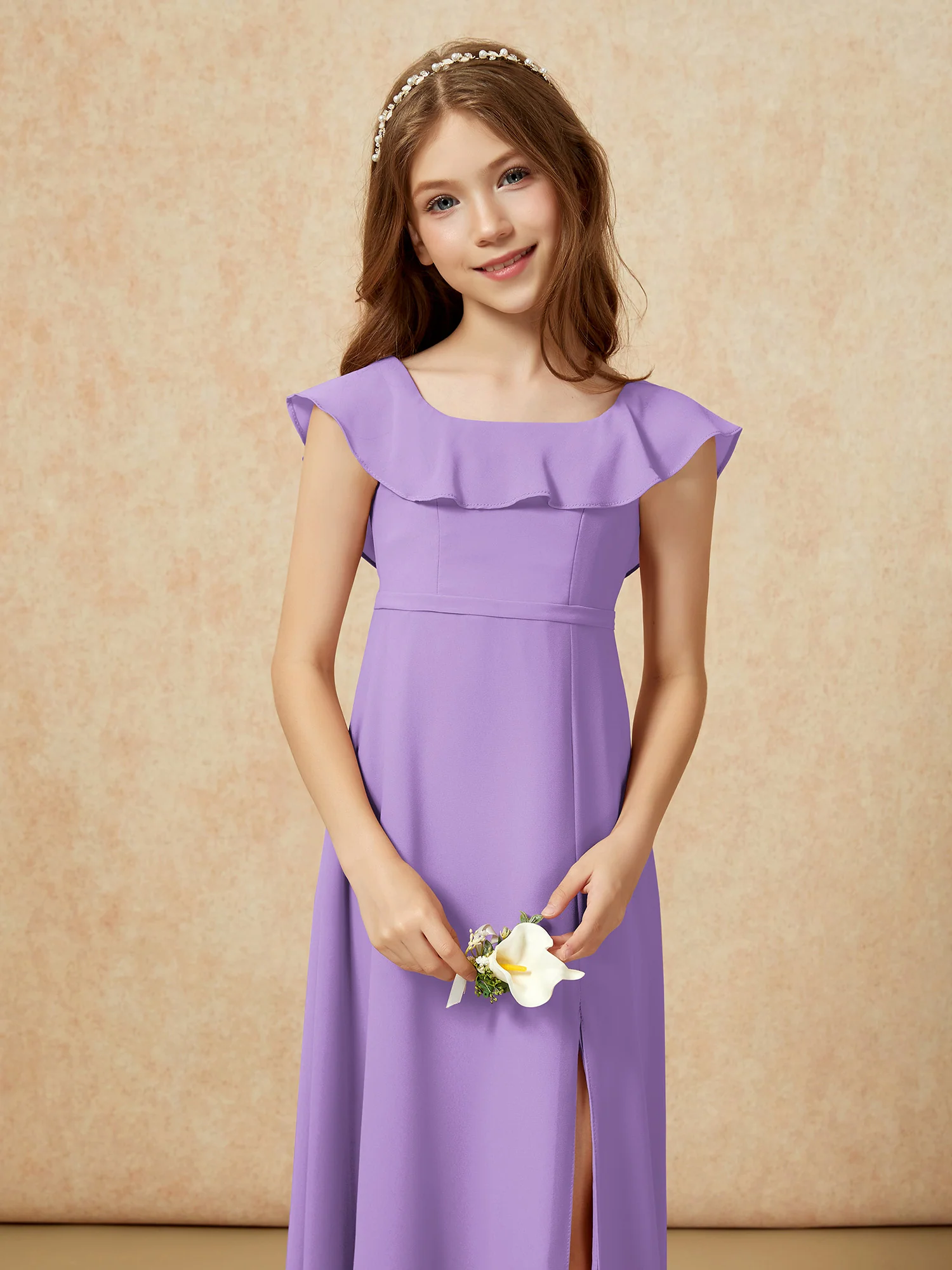 Square Neck Chiffon Junior Bridesmaid Dress With Slit Tahiti - Image 6