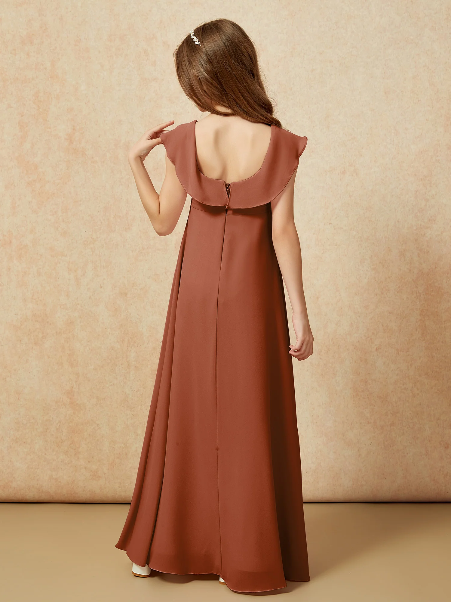Square Neck Chiffon Junior Bridesmaid Dress With Slit Terracotta - Image 2