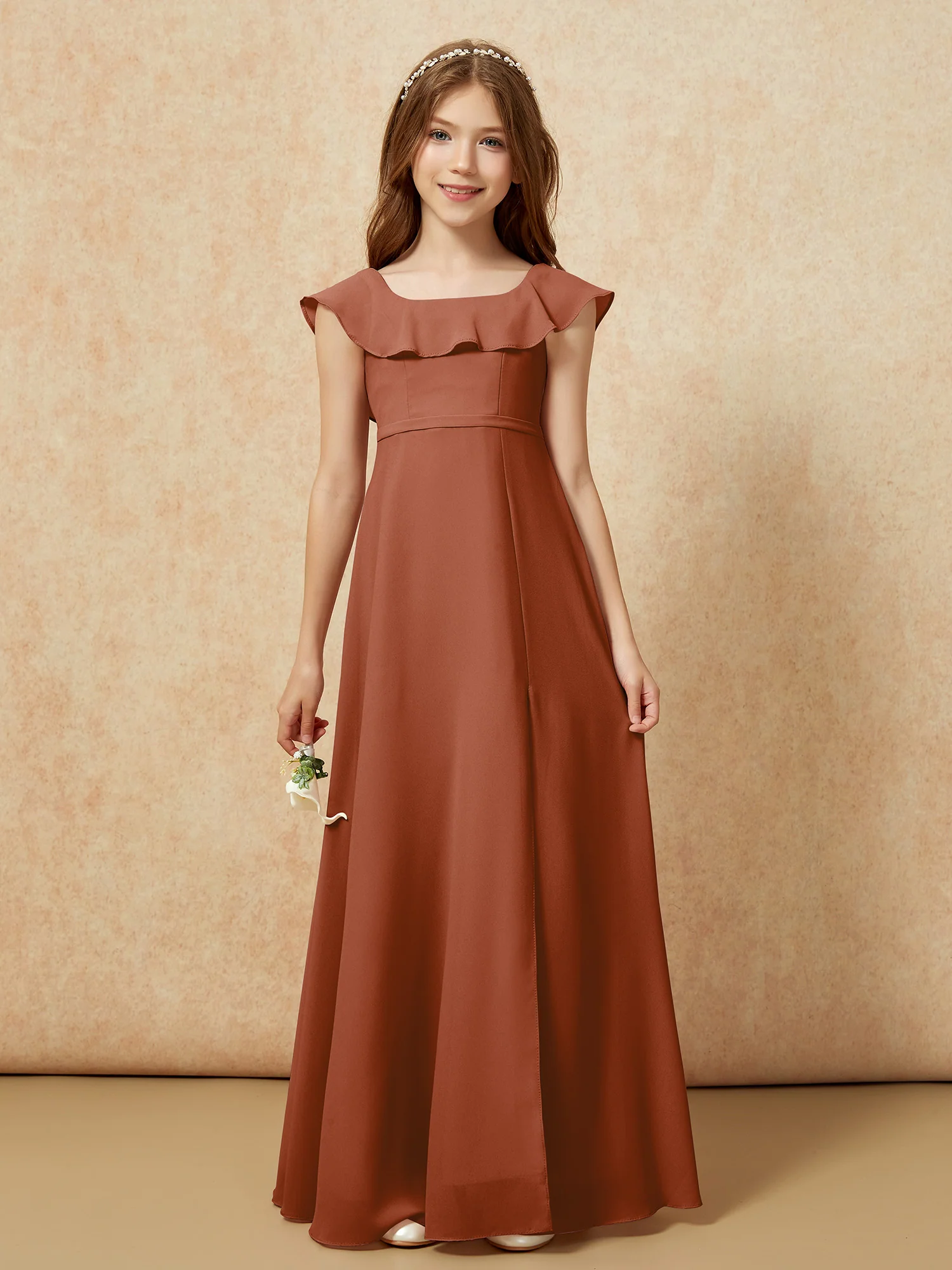 Square Neck Chiffon Junior Bridesmaid Dress With Slit Terracotta - Image 4