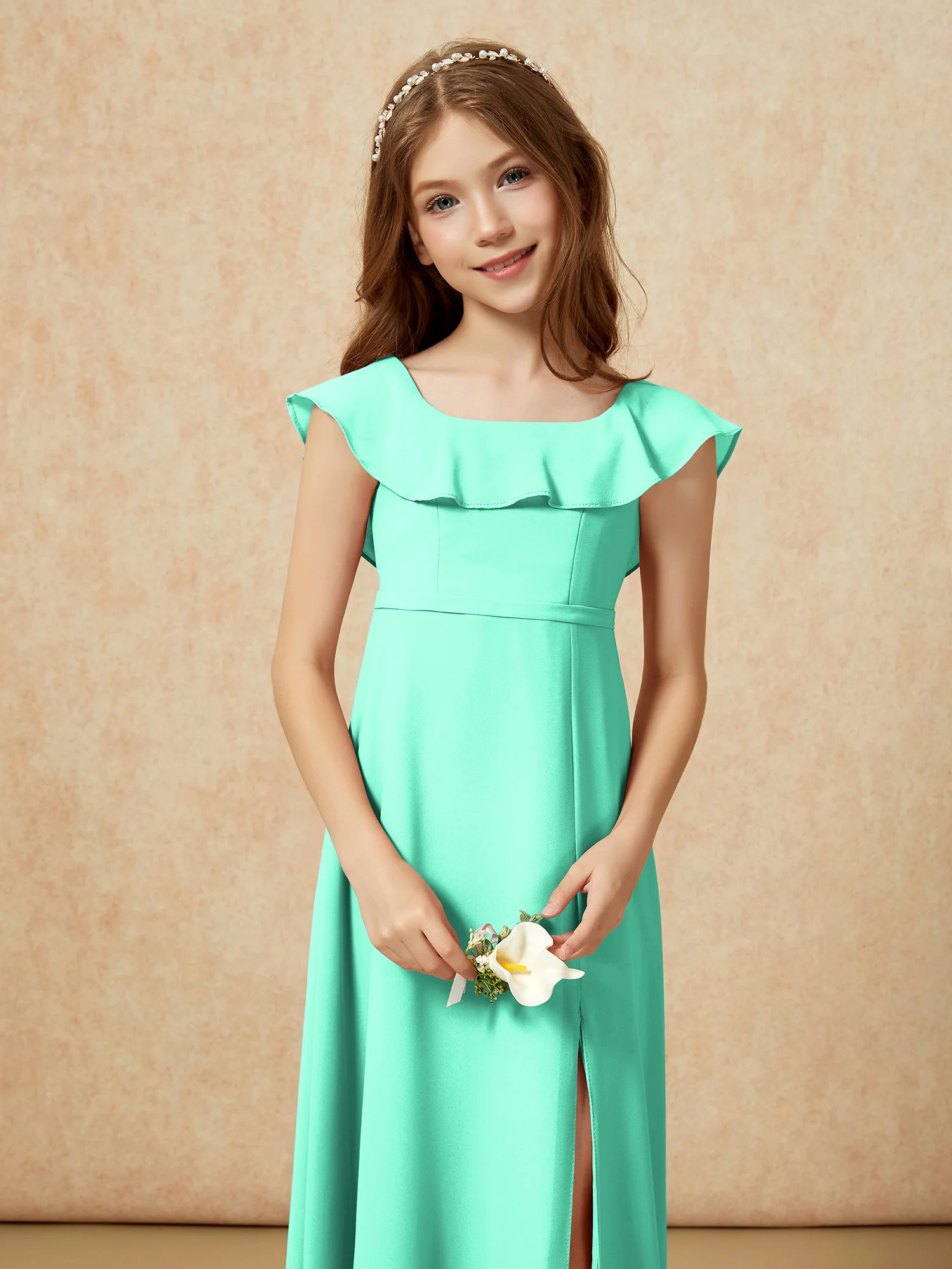 Square Neck Chiffon Junior Bridesmaid Dress With Slit Turquoise - Image 6