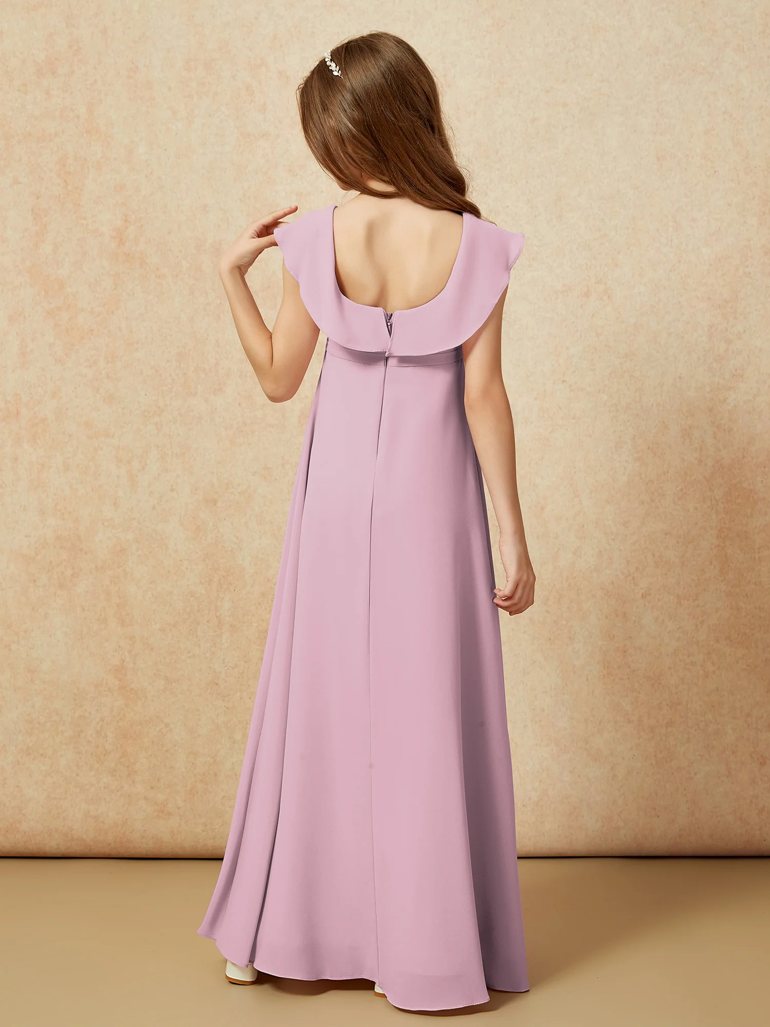 Square Neck Chiffon Junior Bridesmaid Dress With Slit Vintage Mauve - Image 2