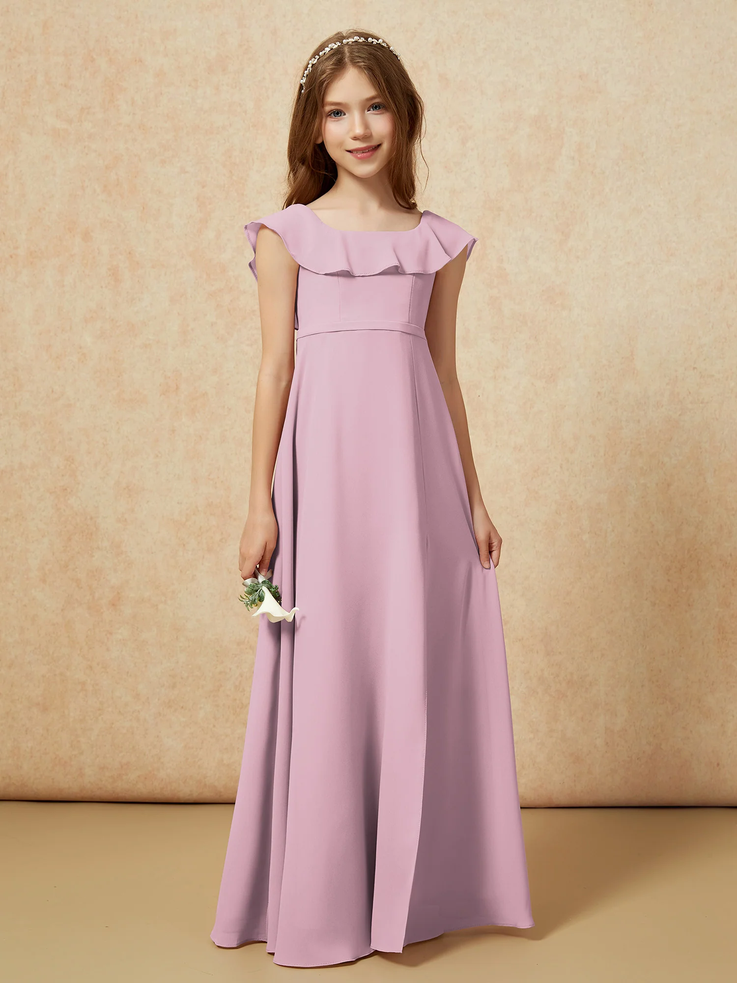 Square Neck Chiffon Junior Bridesmaid Dress With Slit Vintage Mauve - Image 5