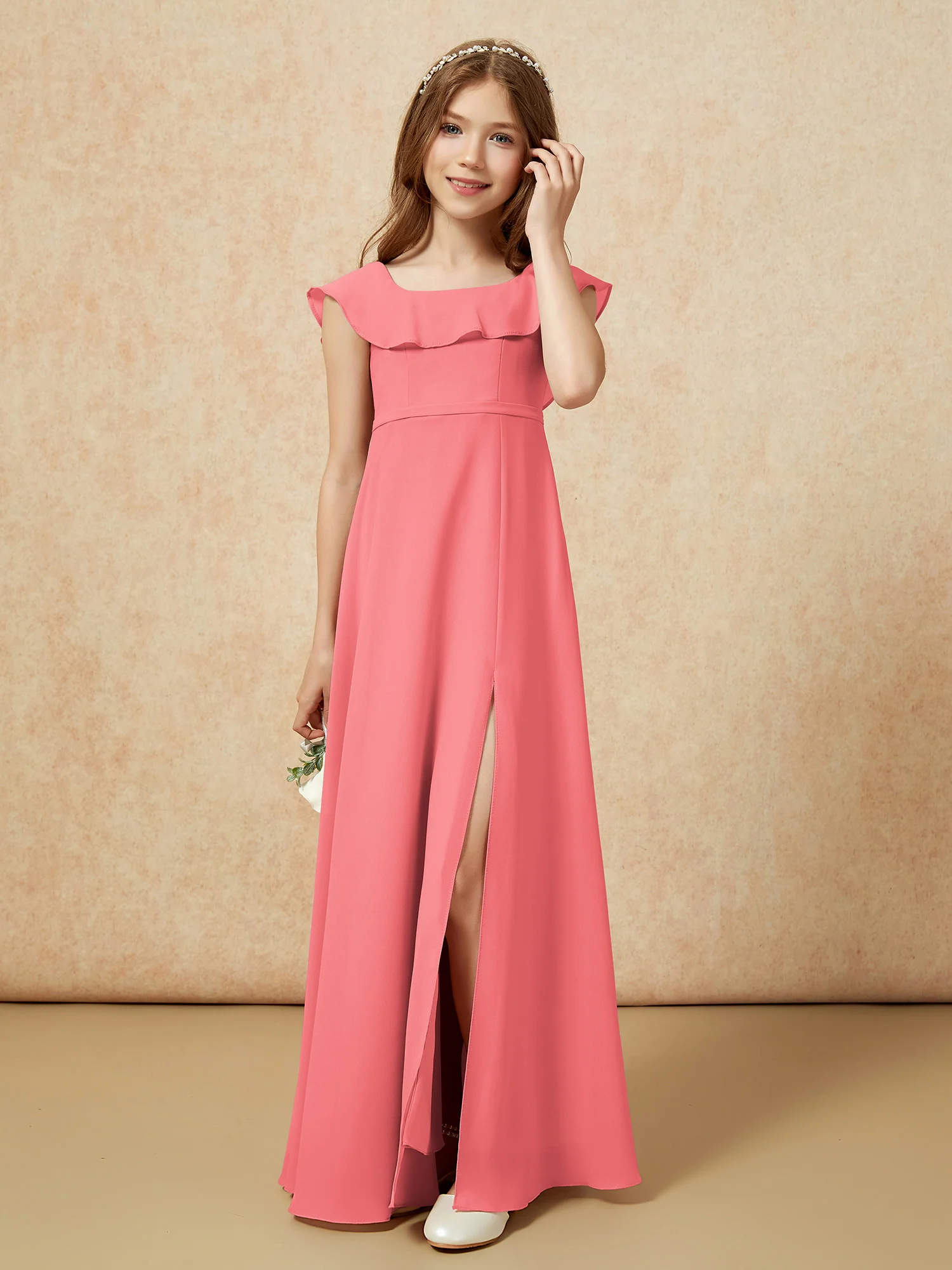 Square Neck Chiffon Junior Bridesmaid Dress With Slit Watermelon