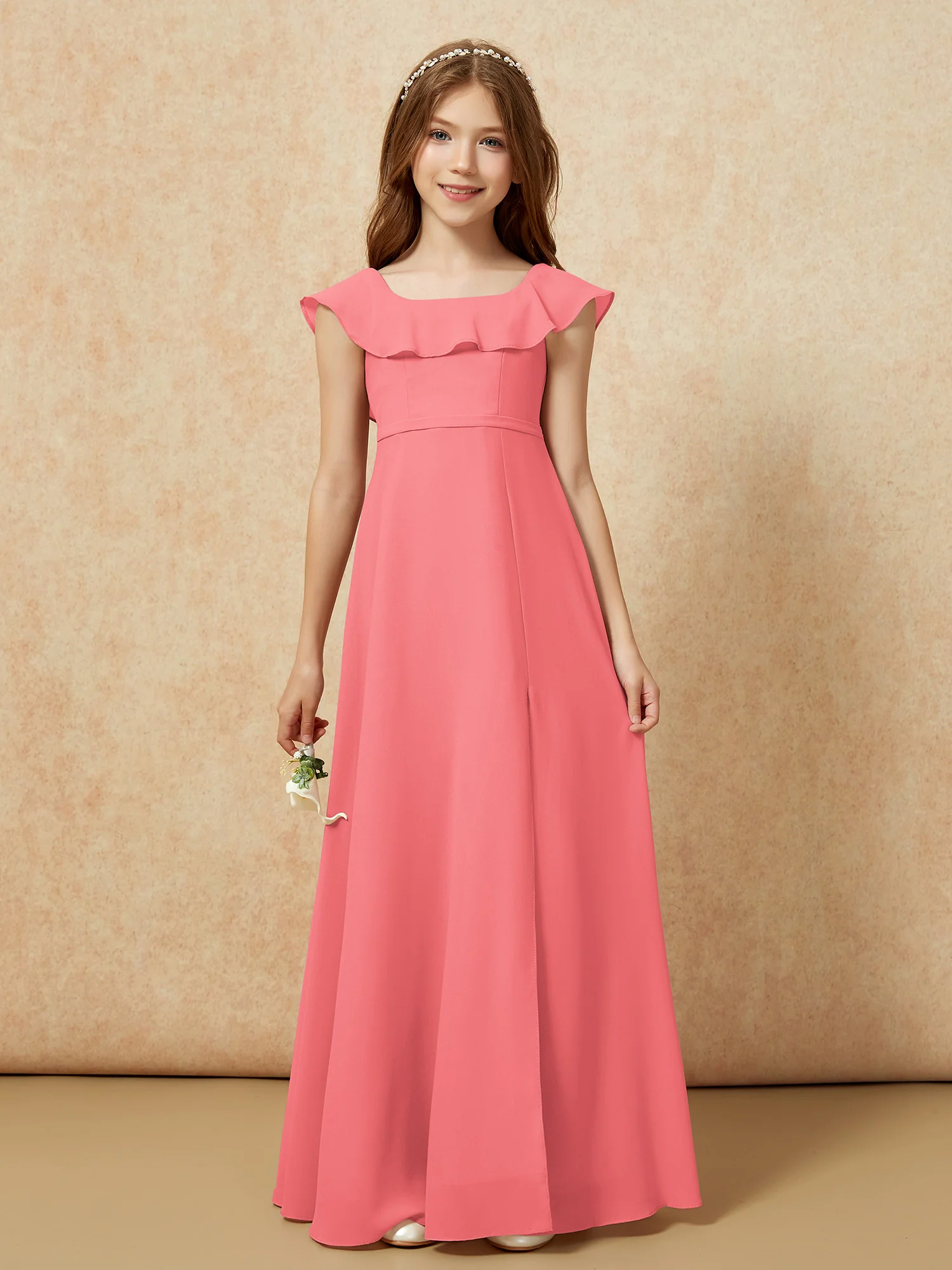 Square Neck Chiffon Junior Bridesmaid Dress With Slit Watermelon - Image 4