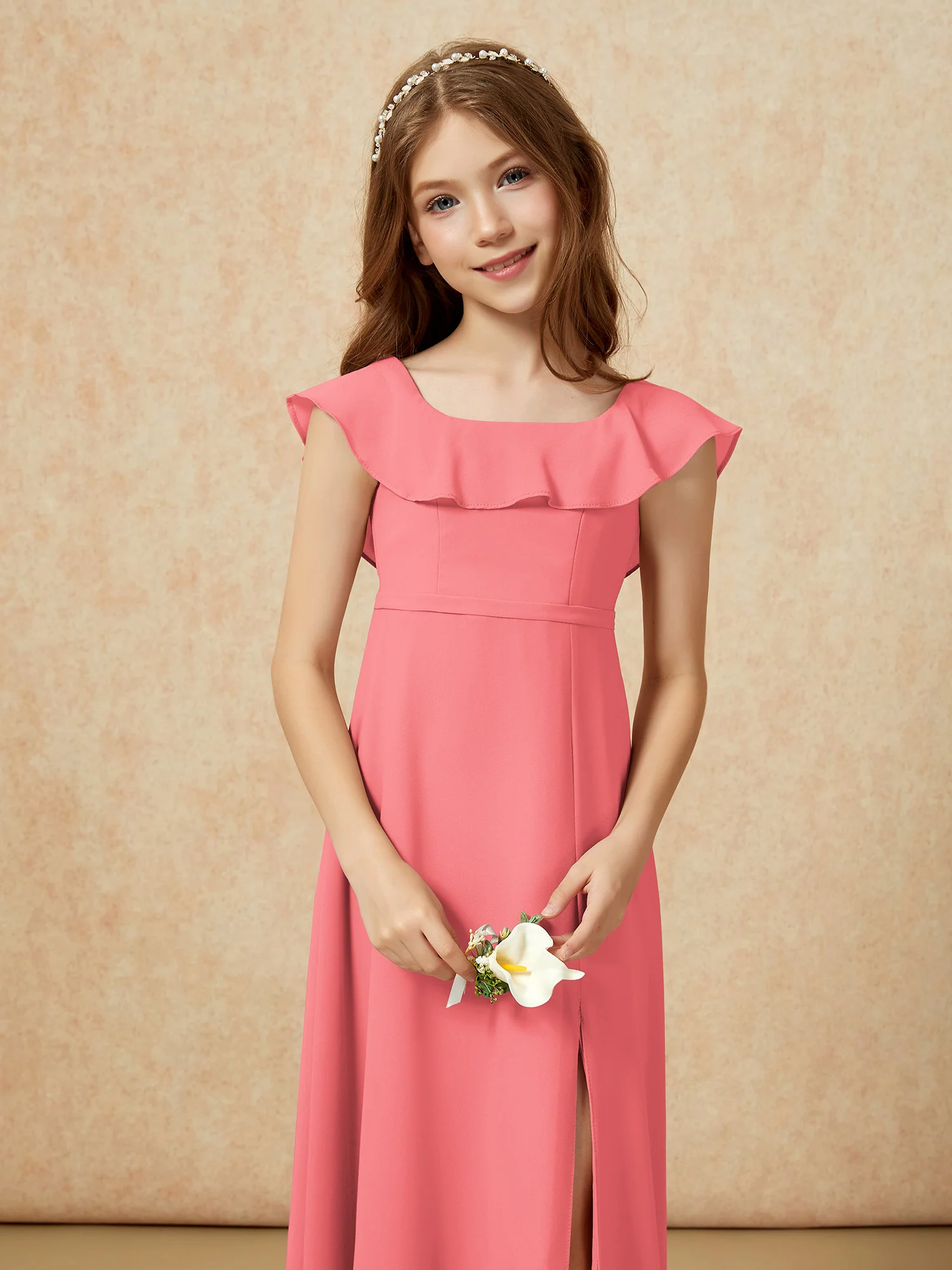 Square Neck Chiffon Junior Bridesmaid Dress With Slit Watermelon - Image 6
