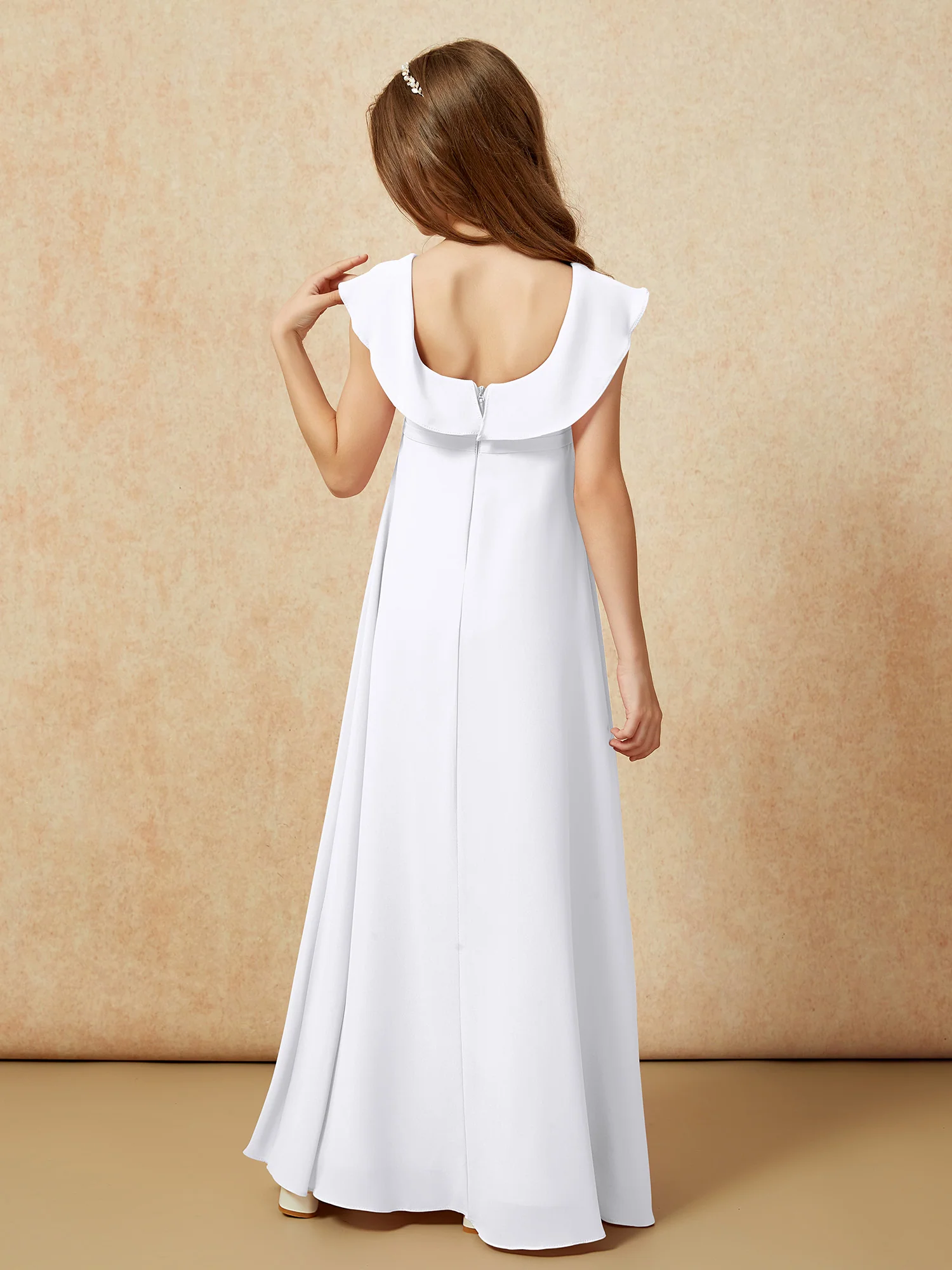 Square Neck Chiffon Junior Bridesmaid Dress With Slit White - Image 2