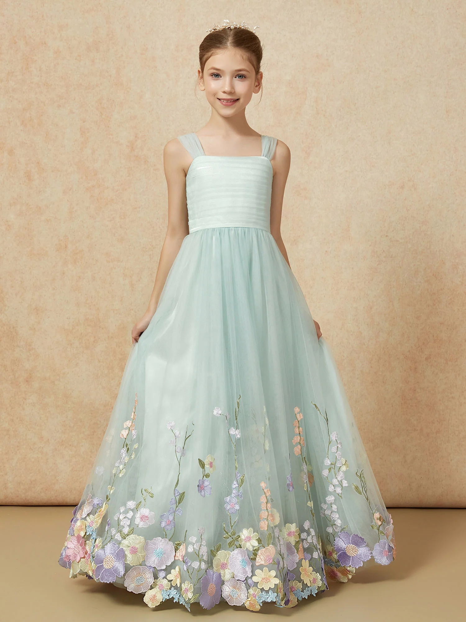 Square Neck Flower Applique Tulle Long Girls Dresses Mist - Image 6
