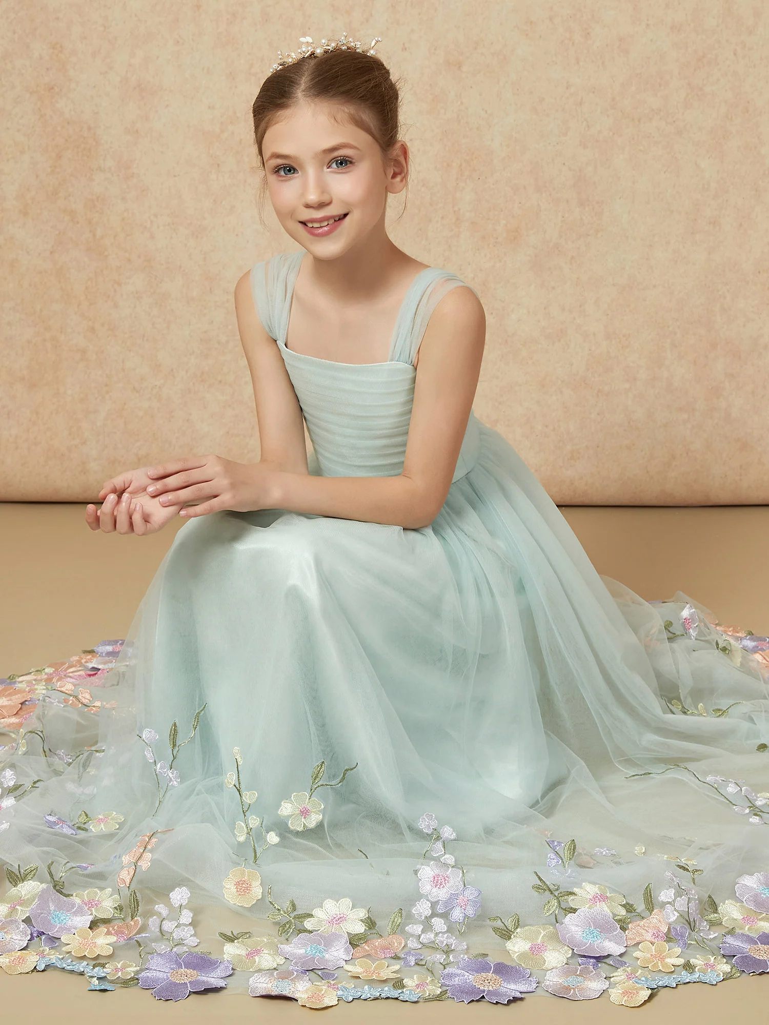 Square Neck Flower Applique Tulle Long Girls Dresses Mist - Image 9