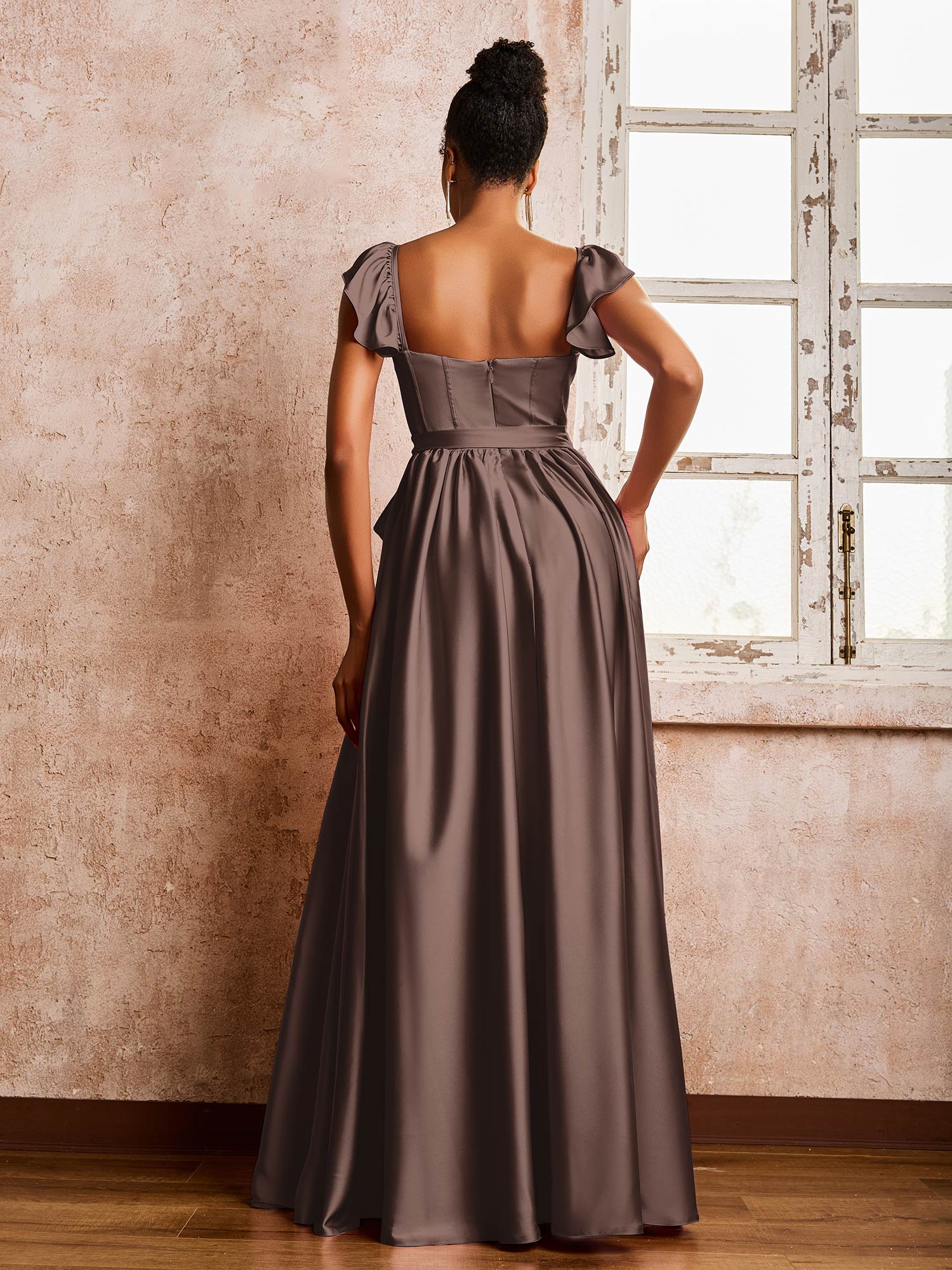 Square Neck Flutter Sleeves A-line High Slit Dresses With Belt Chocolate - Image 2