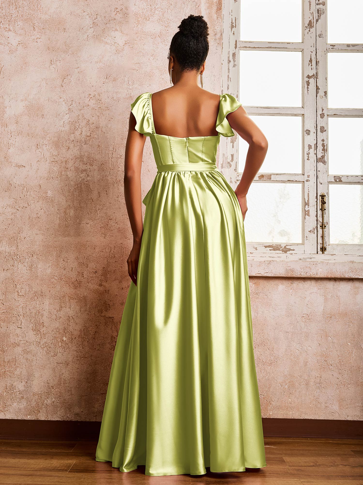 Square Neck Flutter Sleeves A-line High Slit Dresses With Belt Clover - Image 2
