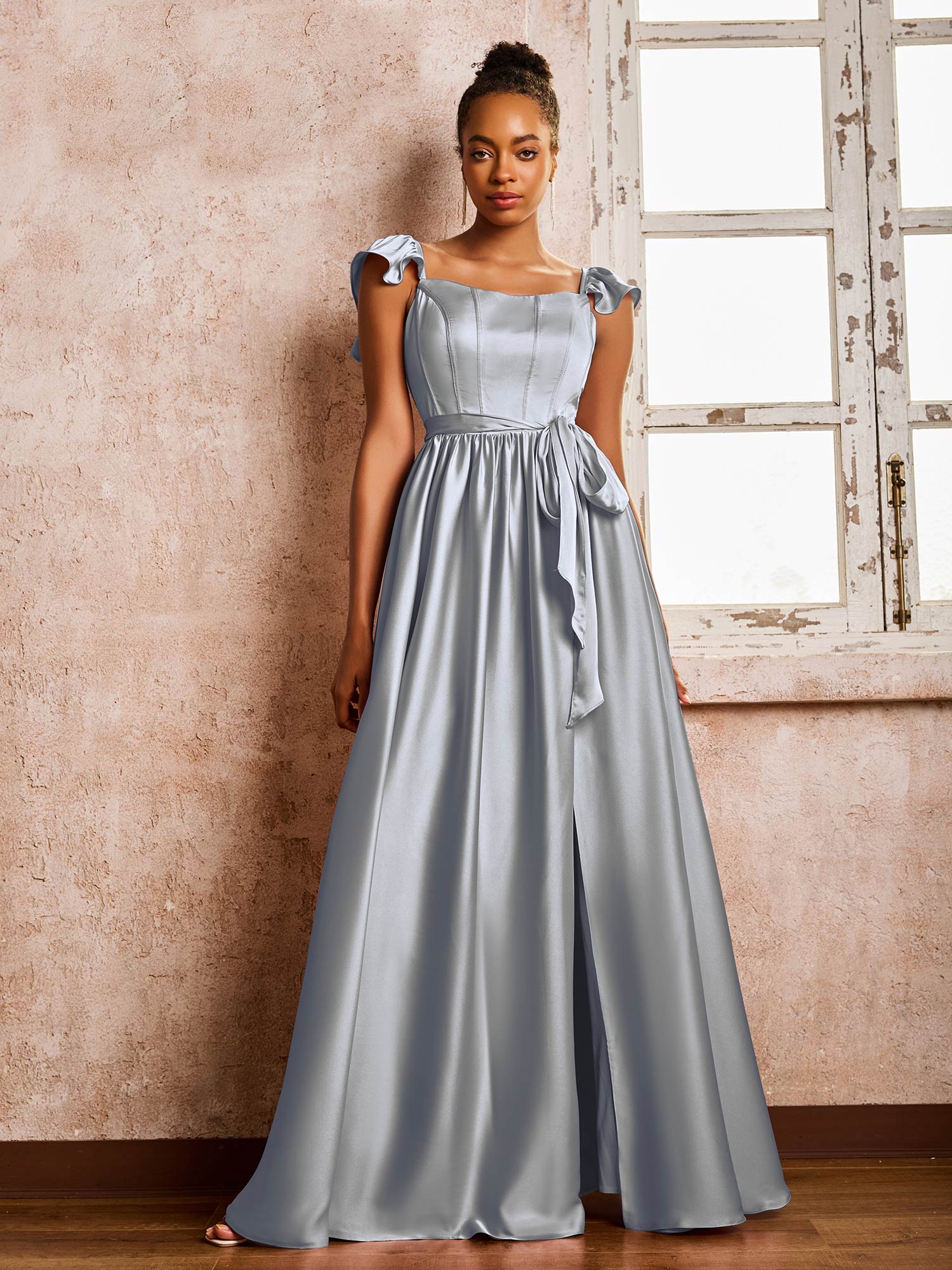 Square Neck Flutter Sleeves A-line High Slit Dresses With Belt Steel Grey - Image 3