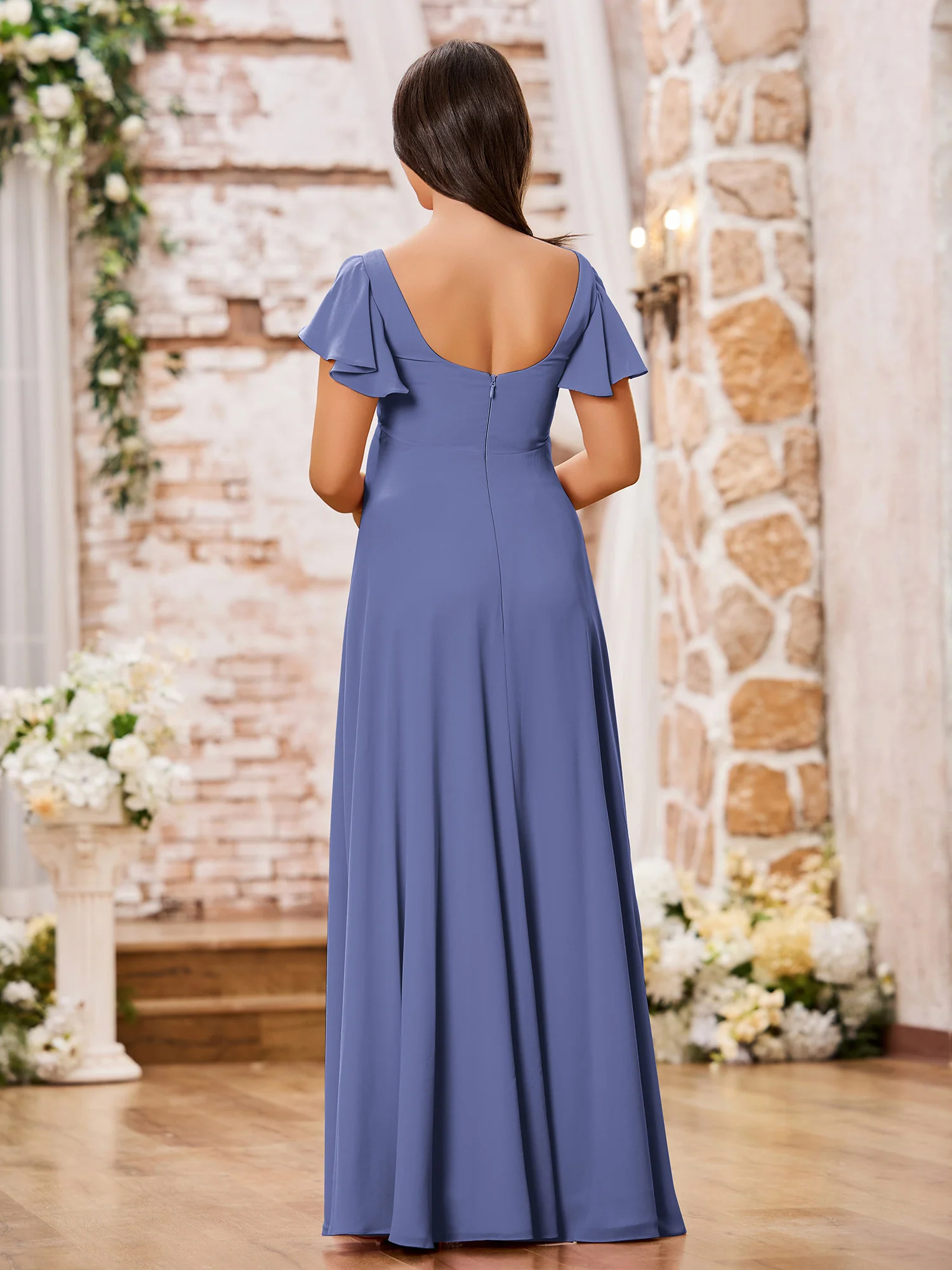 Square Neck Fluttering Sleeve Chiffon Long Dresses Periwinkle - Image 2